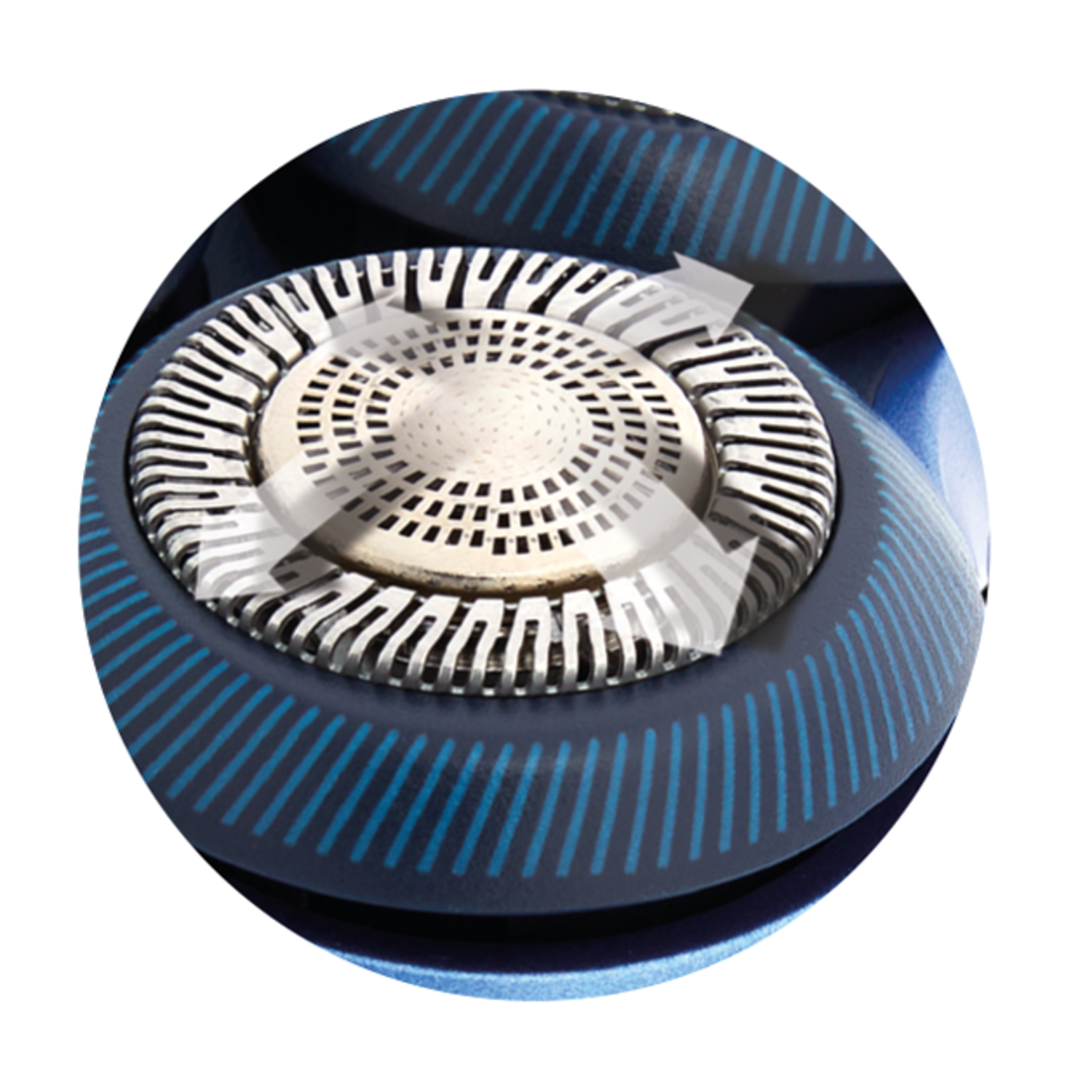 Close up of a circular shaver head with a silver inner and blue outer section.