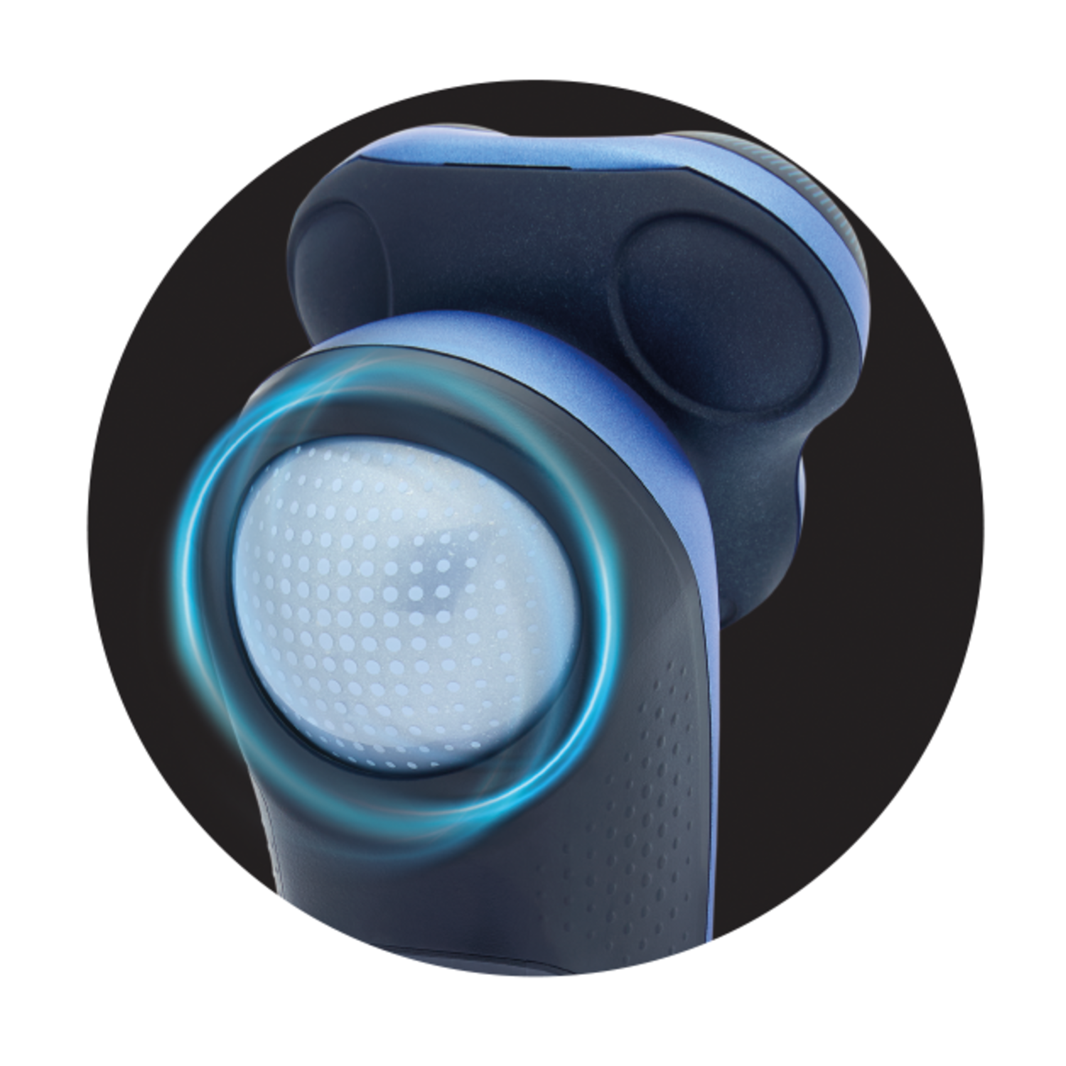 A close-up view of a shaver head with a blue ring.