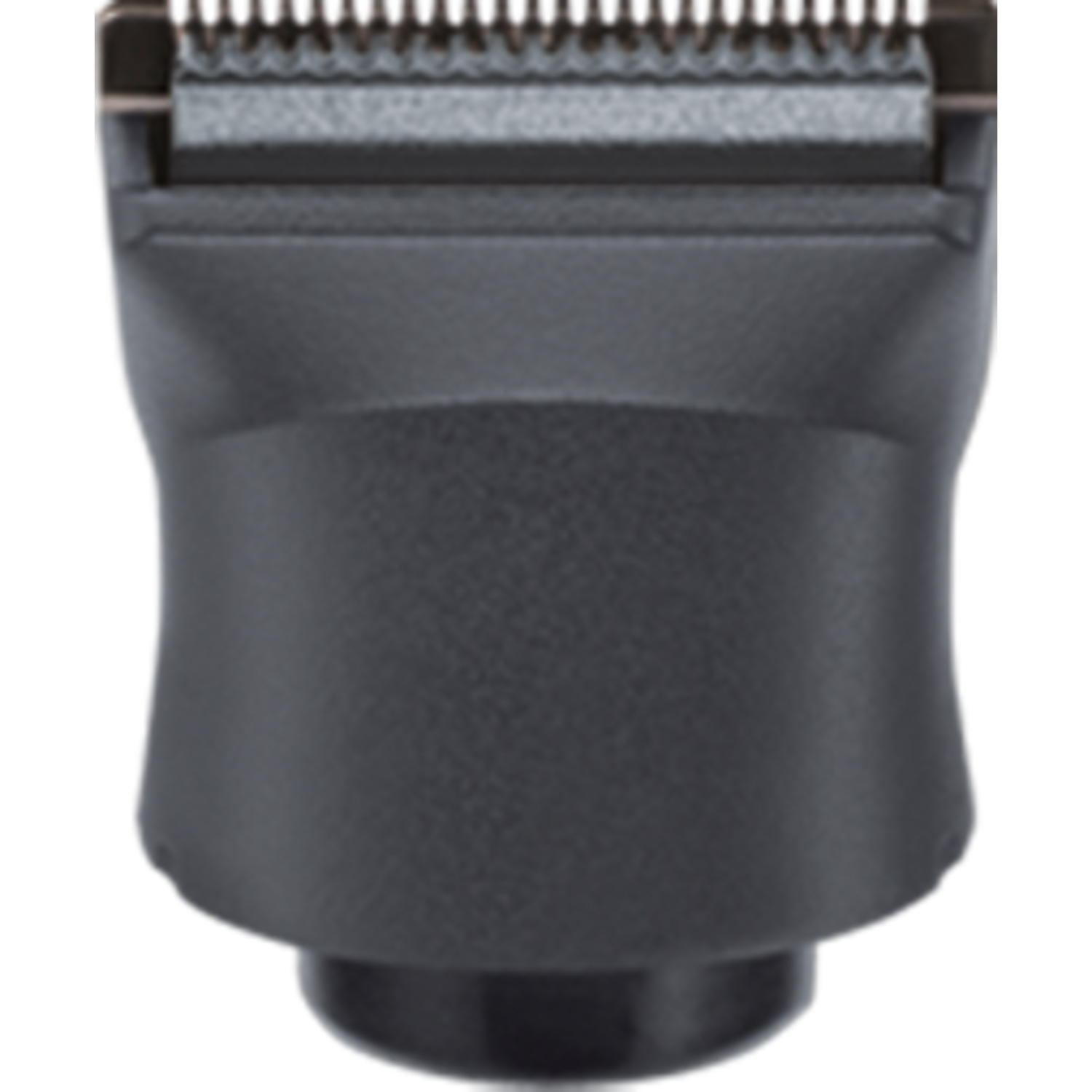 Close-up of a black beard trimmer head. It has a silver blade.