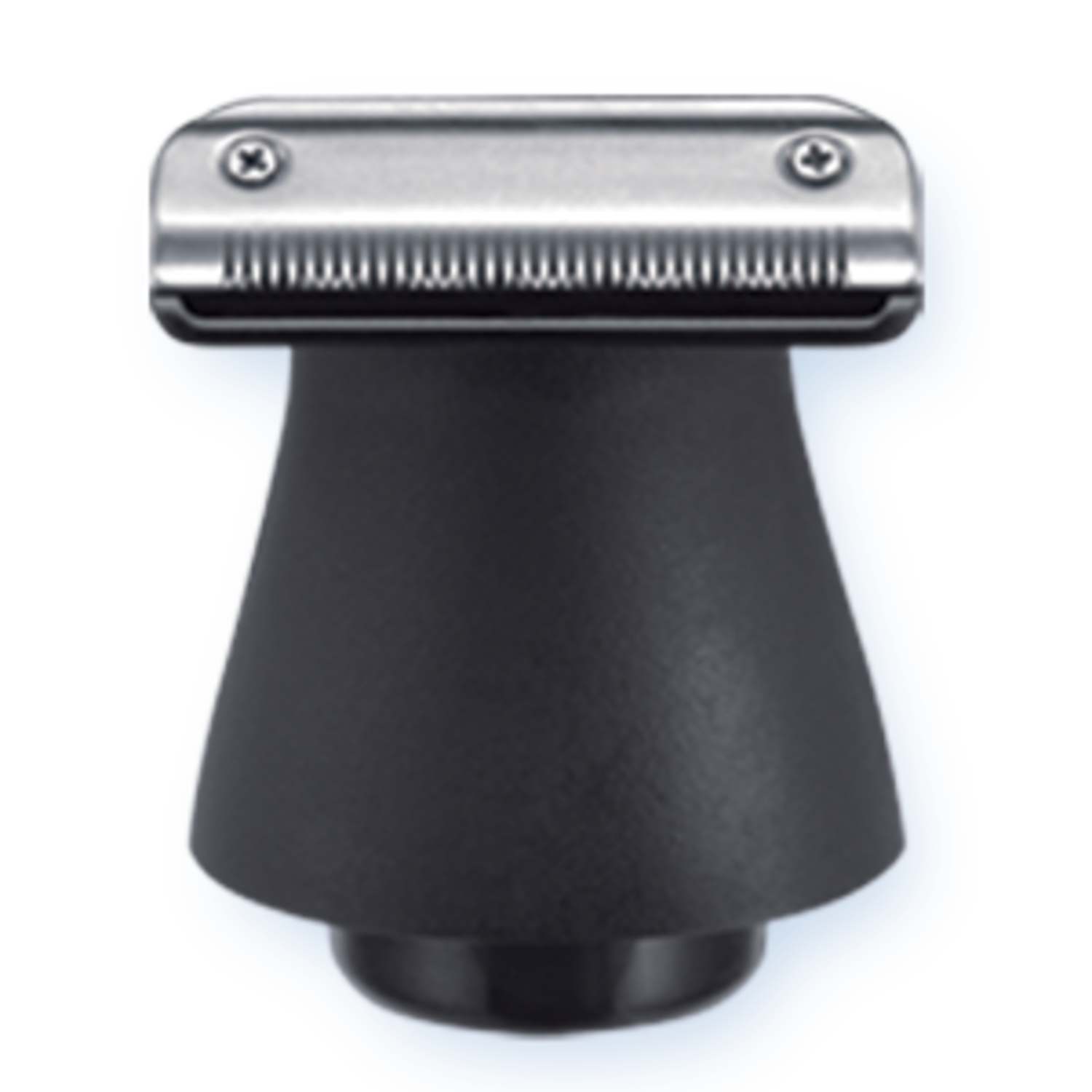 Close-up of a black trimmer head with a silver blade.
