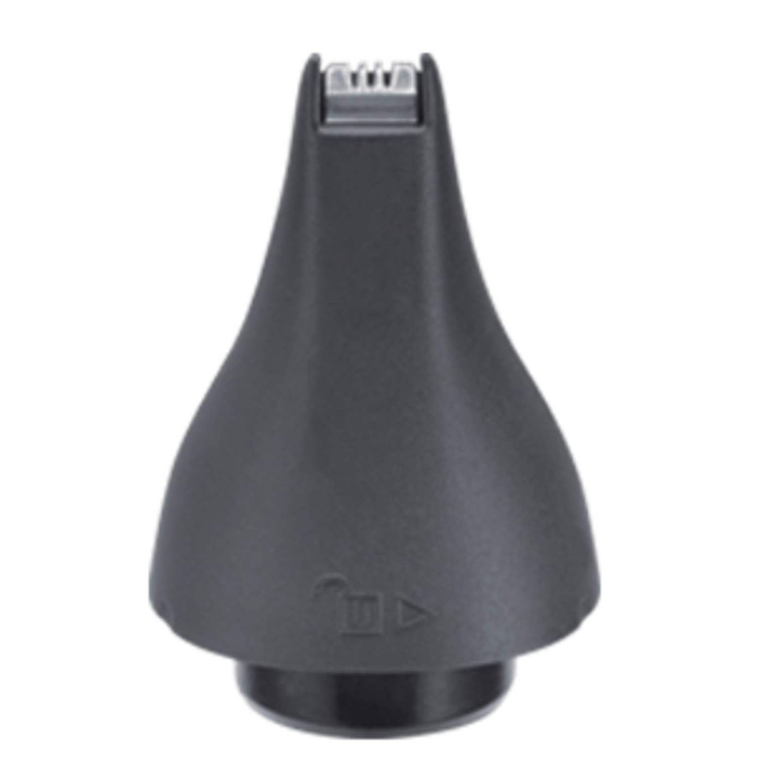 Black trimmer head, showing the blades. Arrow indicates direction.