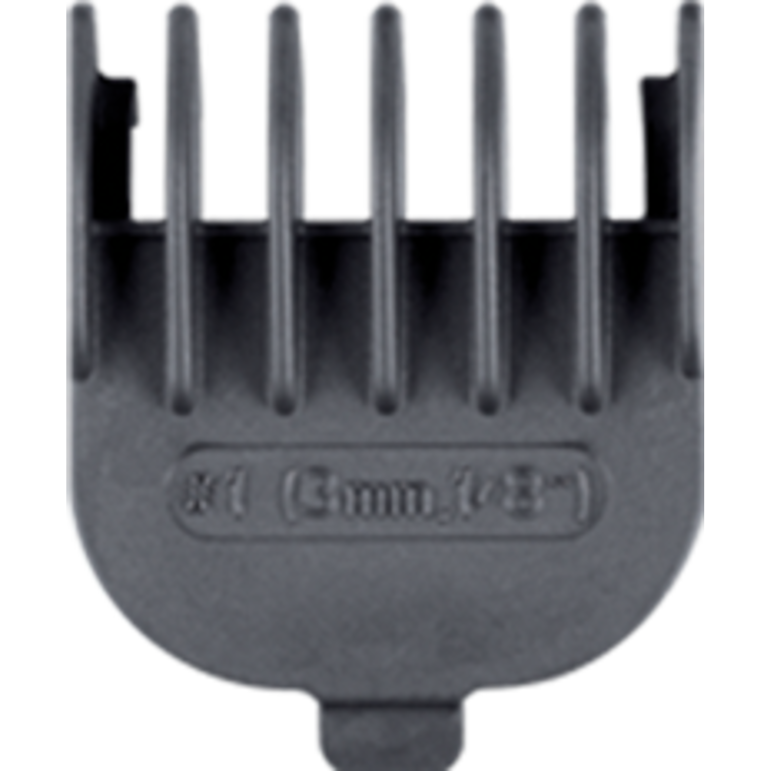 Black plastic comb attachment for a hair clipper. Marked with '1' and '5mm'.