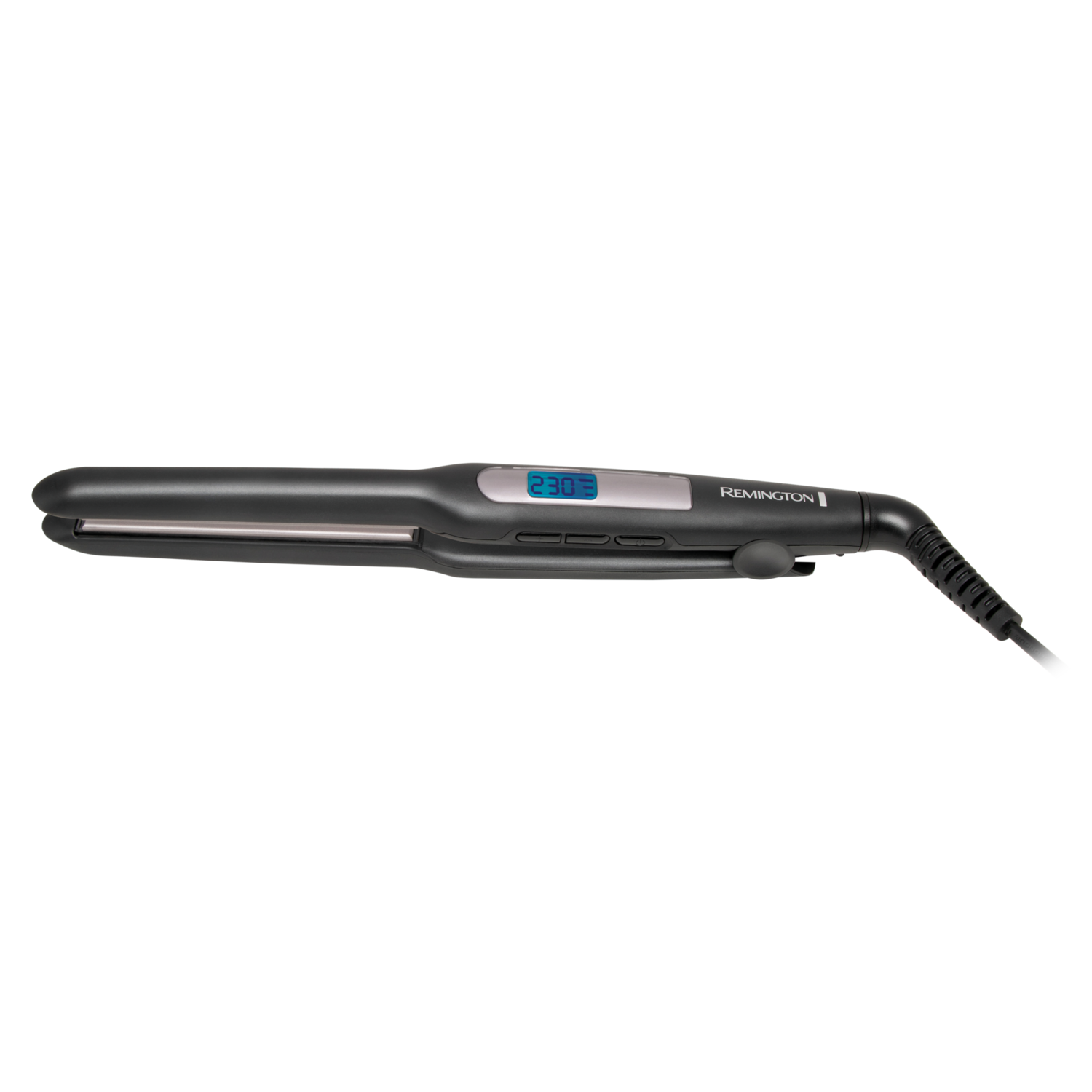 Black Remington hair straightener with a digital display showing a temperature of 230.