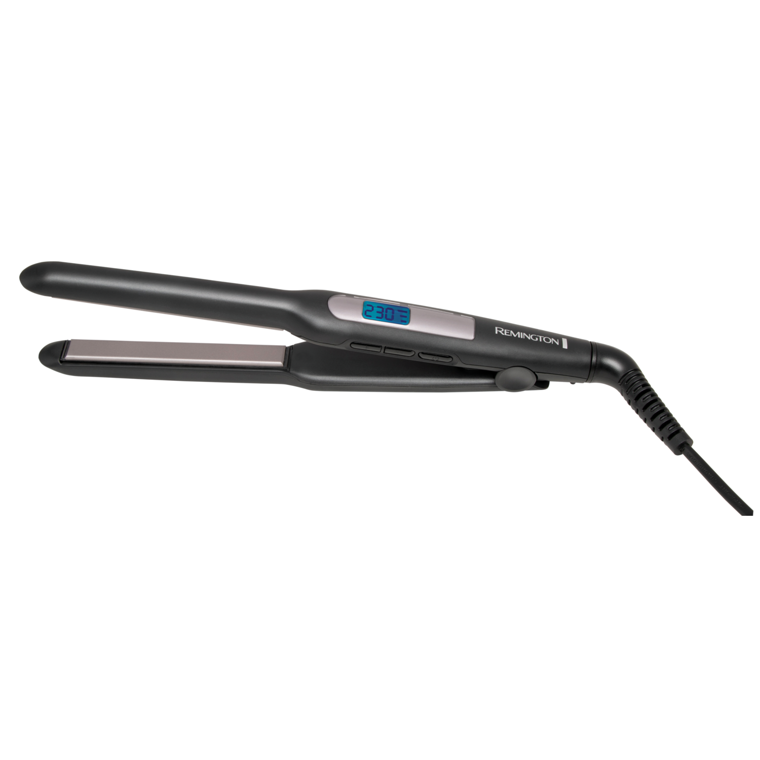 Black hair straightener with digital display showing 230. It is against a black background.