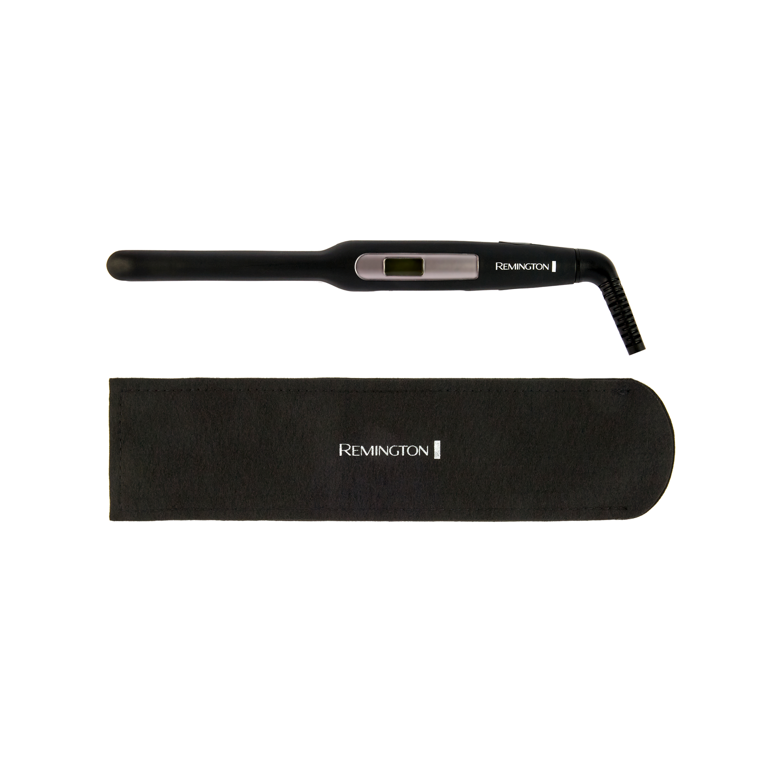 A black Remington hair curling wand and its black protective sleeve on a white background.