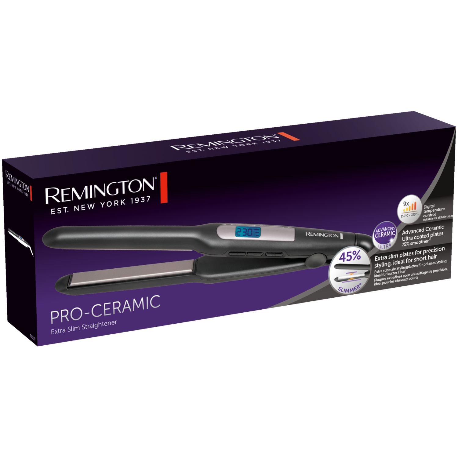 Remington hair straightener box and product. Black and purple design.