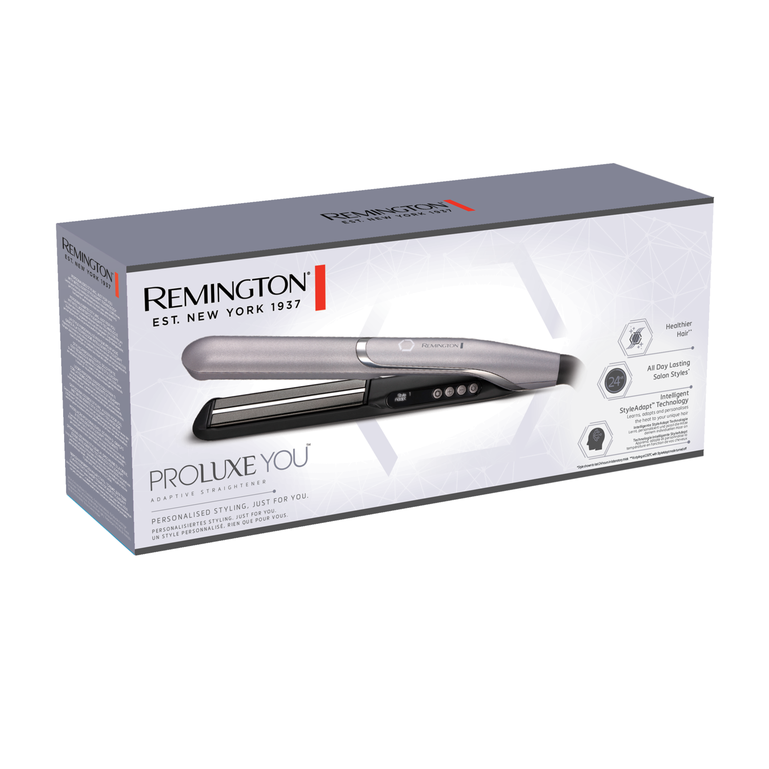 Remington Proluxe You hair straightener box. Product is in silver with black plates.