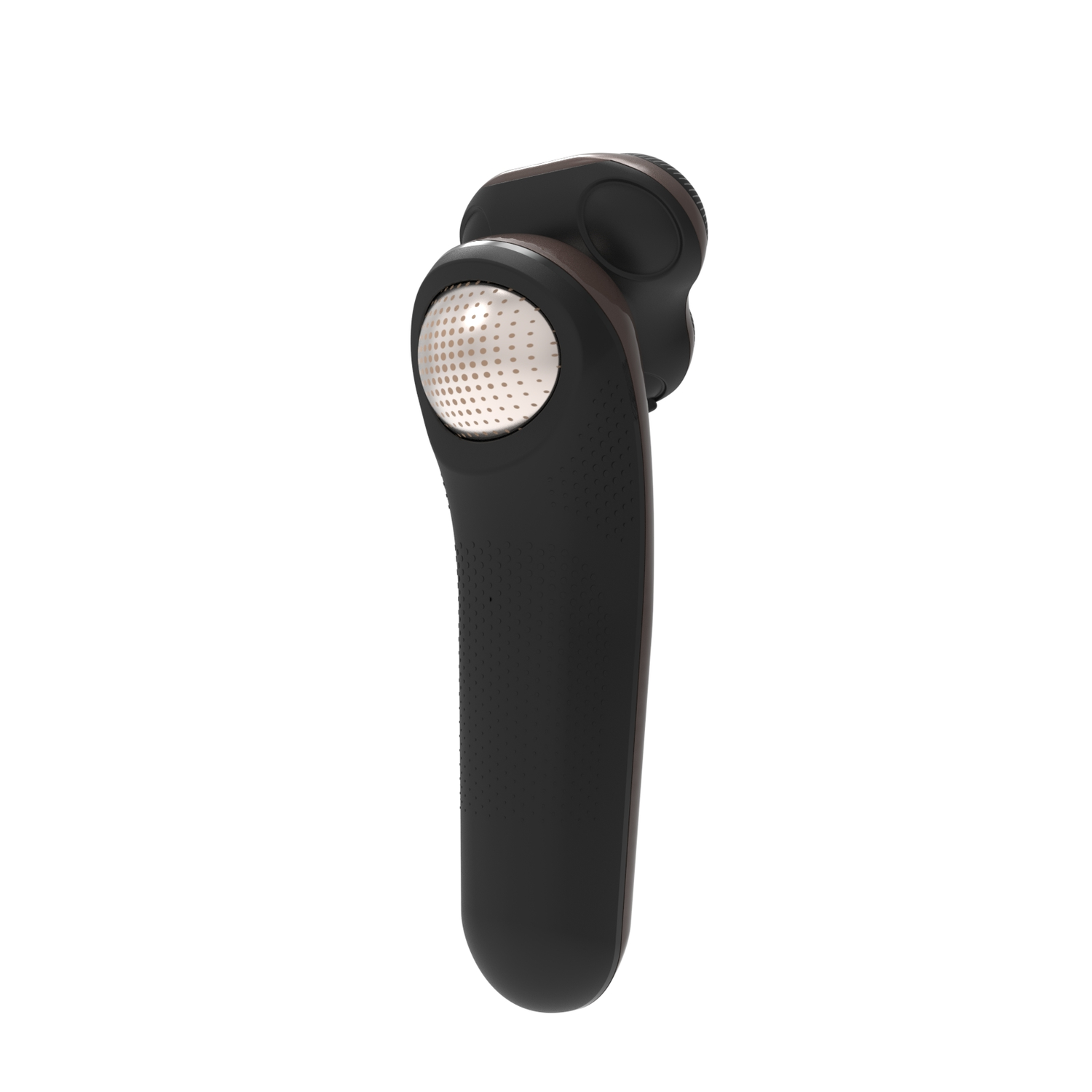 Black and silver electric shaver on white background. The design is sleek and modern.