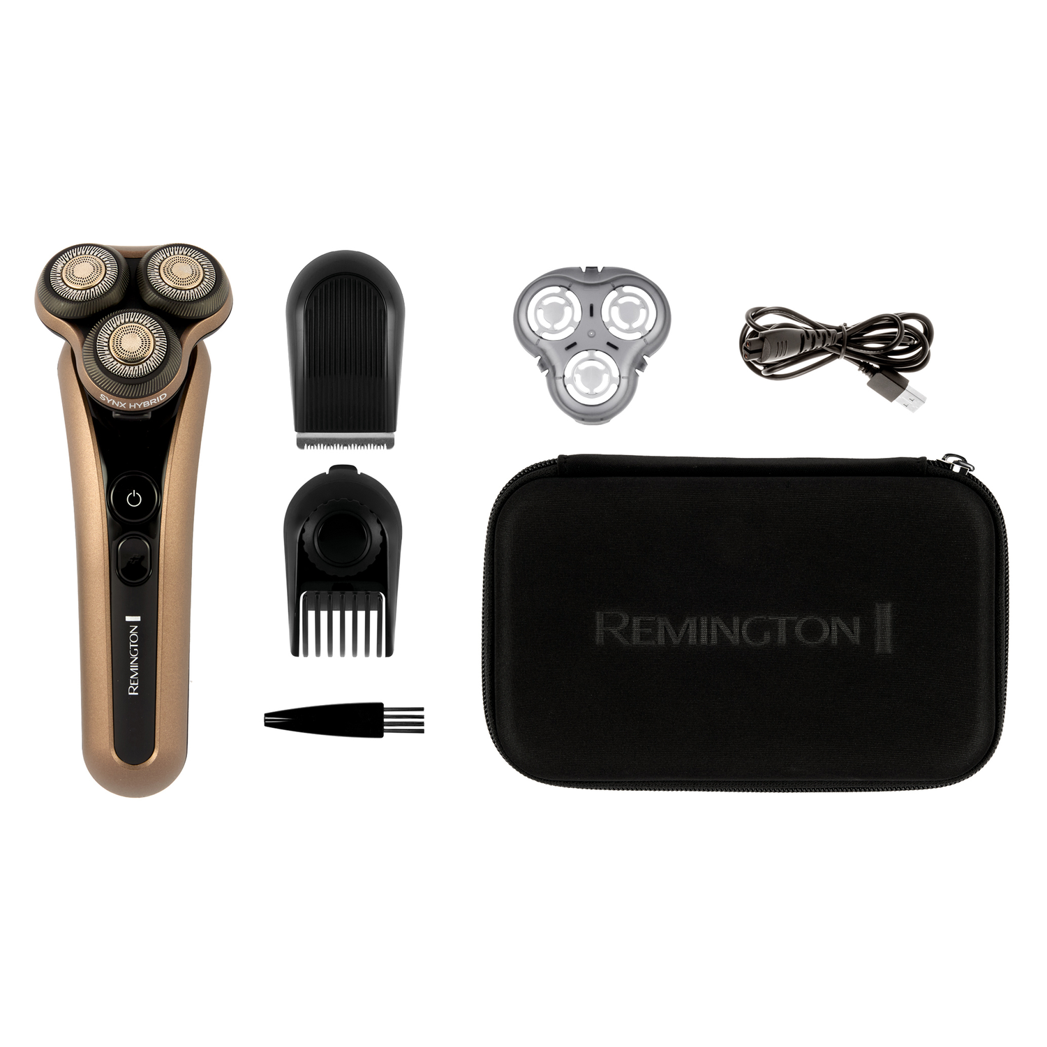 Gold and black electric shaver with accessories in a case.