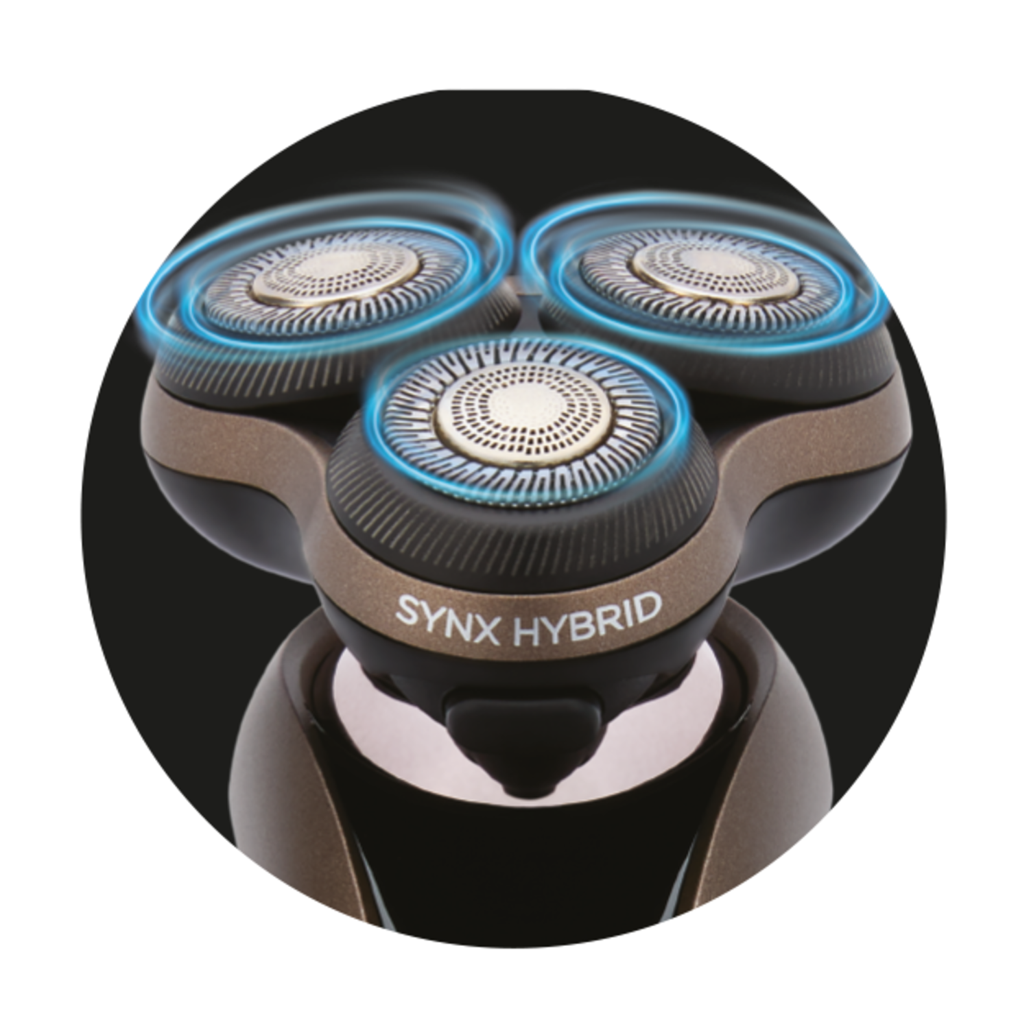Close-up of a Braun shaver head with three rotating blades and the words SYNC HYBRID.
