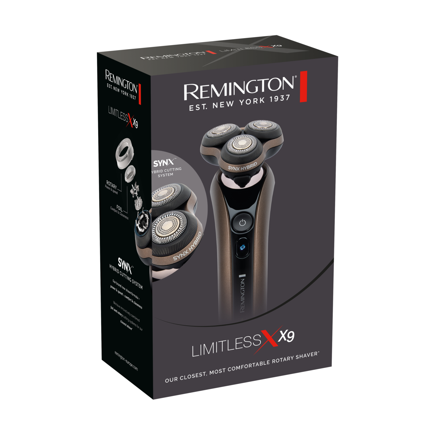 Remington X9 shaver box, showing the shaver and features, with text and graphics.