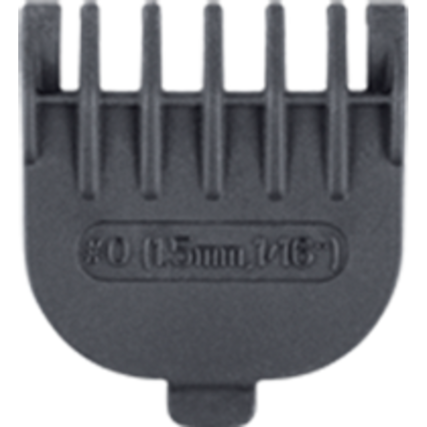 Close-up of a dark grey hair clipper guard. The guard is numbered 0 (1.5mm 1/16").