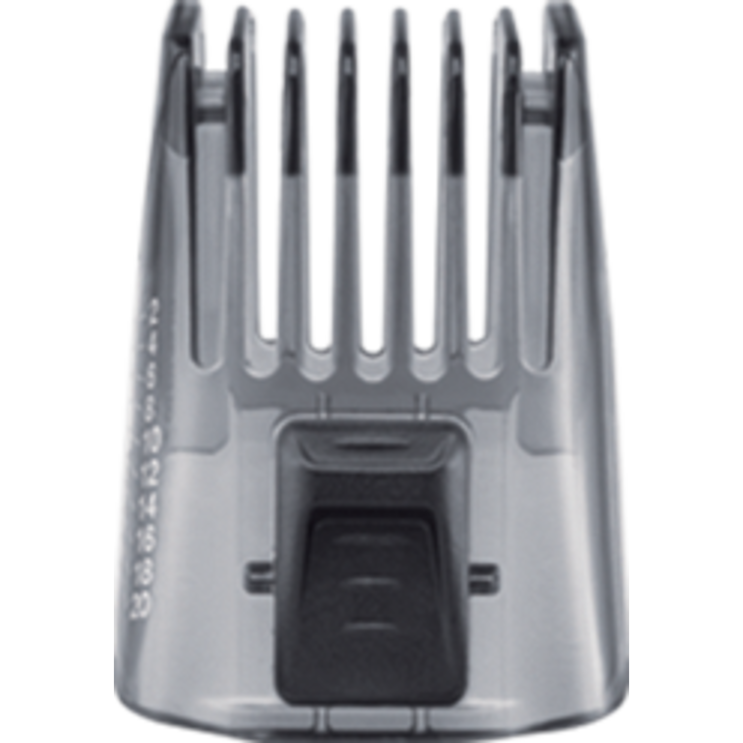 A transparent gray trimmer guard with a black adjustment lever.