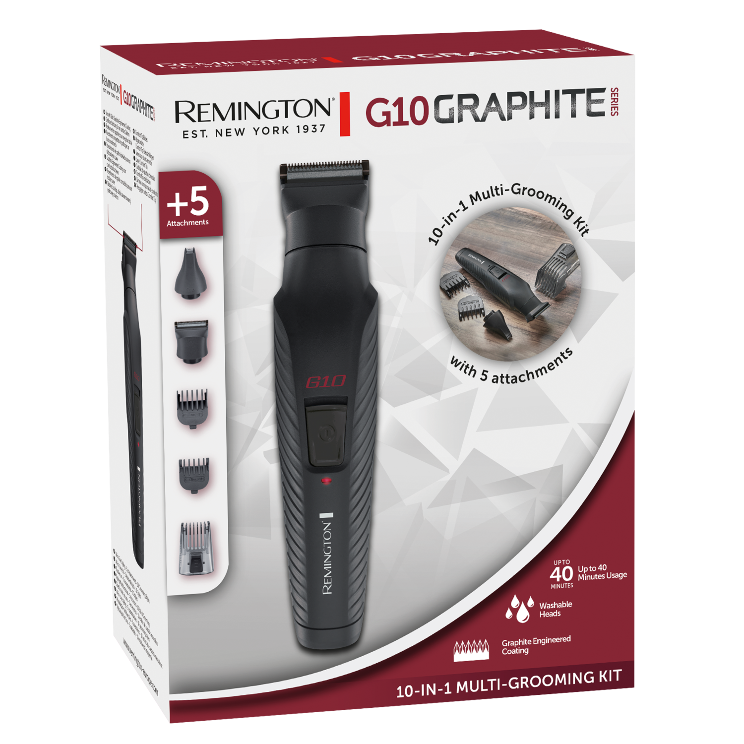 Remington G10 Graphite Series grooming kit box with attachments and trimmer.