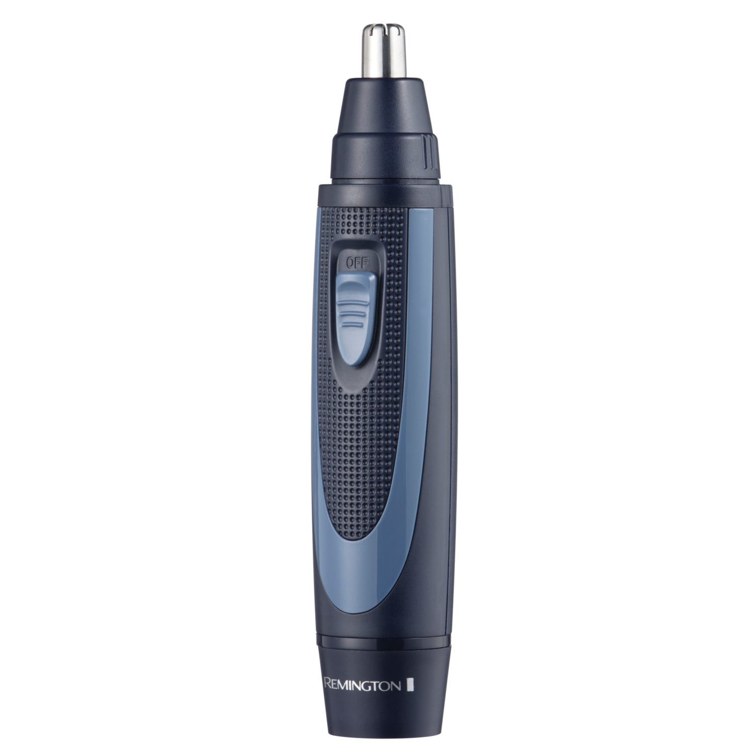 Een zwarte en blauwe neushaartrimmer. Het heeft een 'OFF'-knop en een Remington-logo.