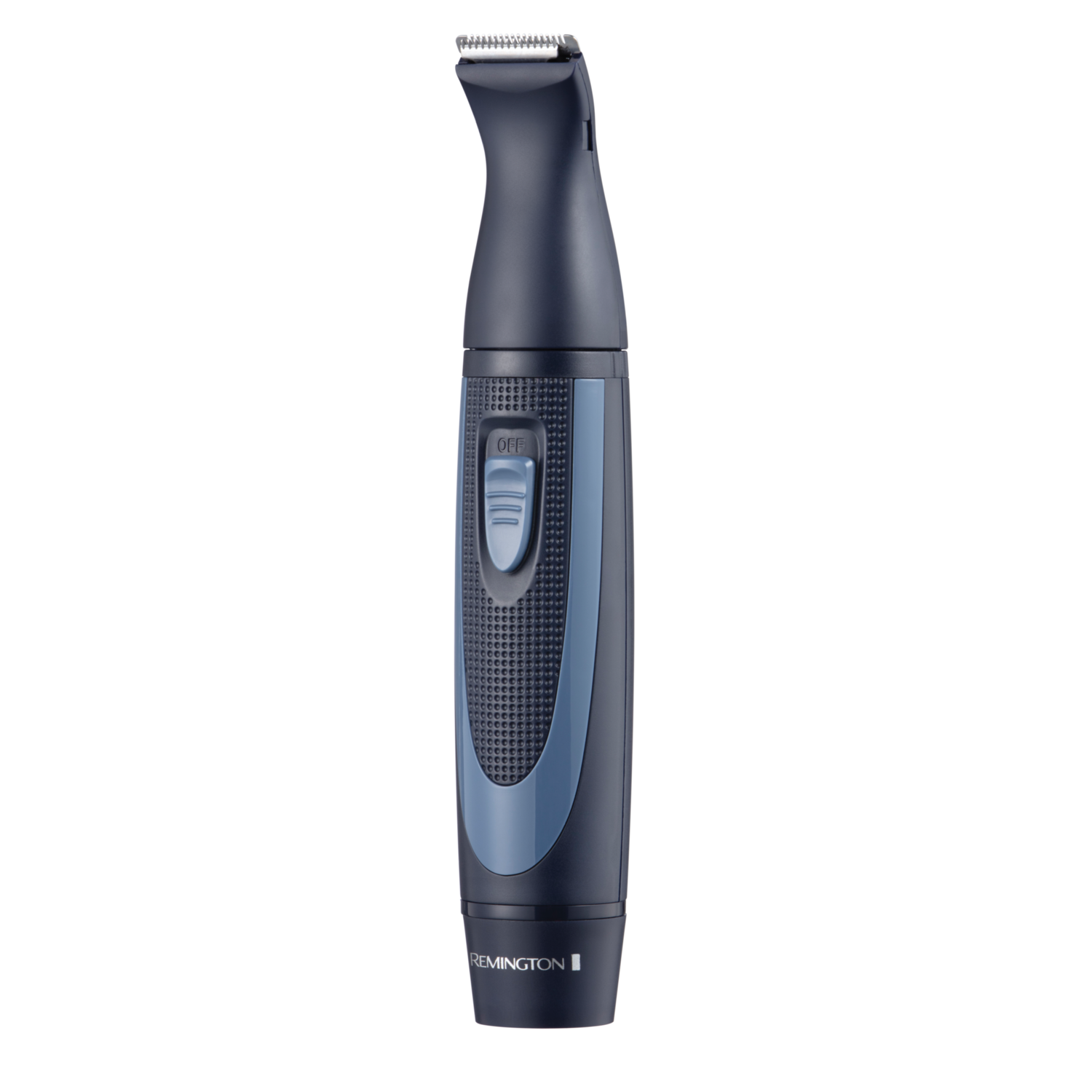 Een zwarte en blauwe Remington baardtrimmer met een aan/uit-knop.