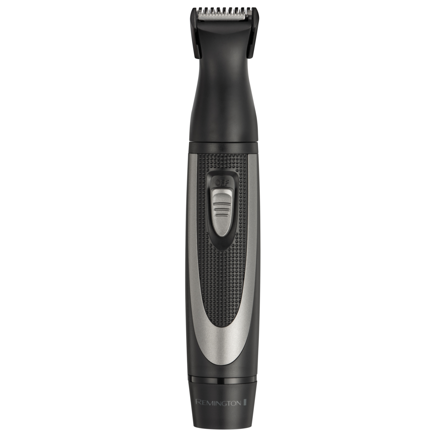 Een zwarte Remington trimmer. Hij heeft een zilveren accent en een aan/uit-knop. Zwarte achtergrond.