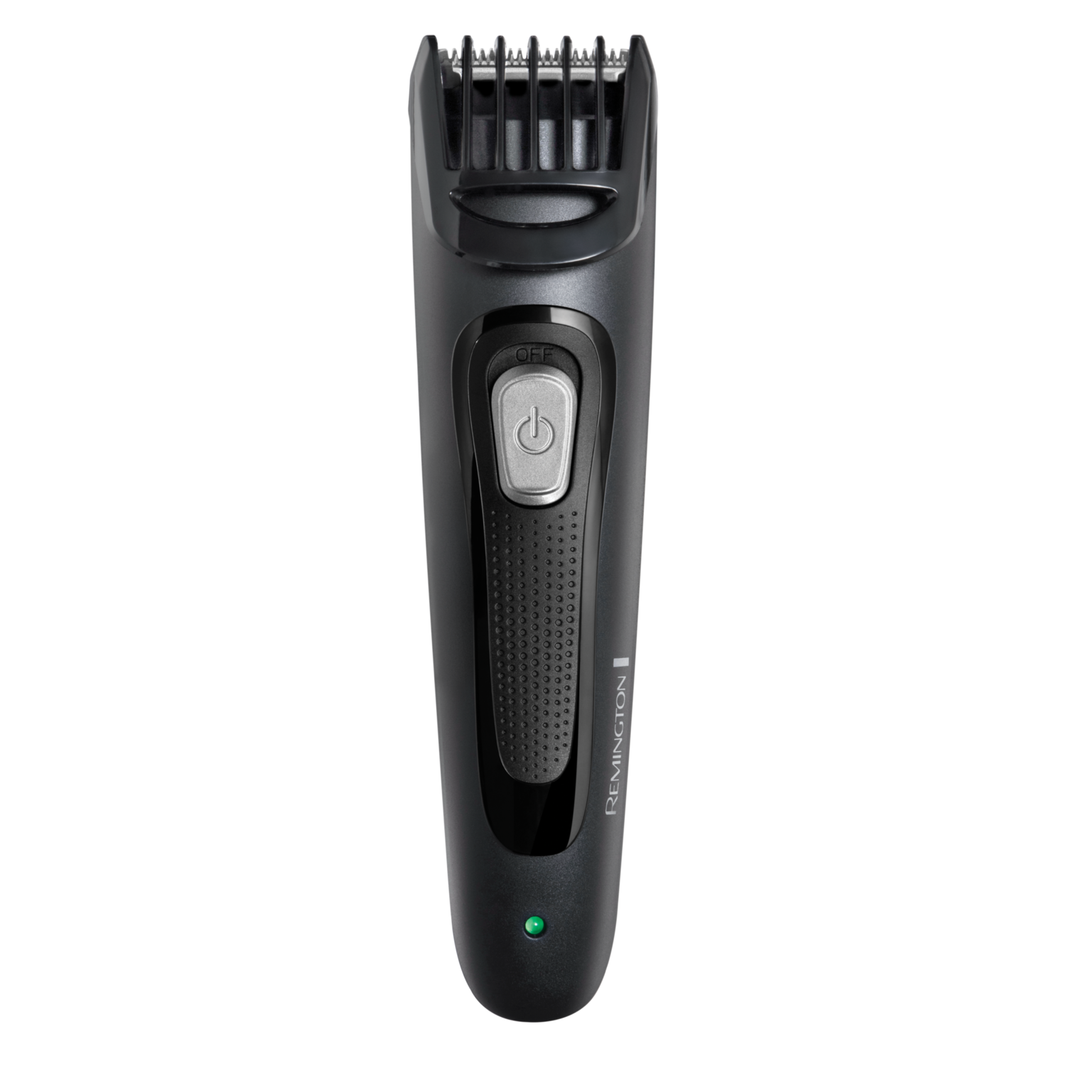 Zwarte elektrische baardtrimmer op een zwarte achtergrond. Heeft een aan/uit-knop en een groen indicatielampje.