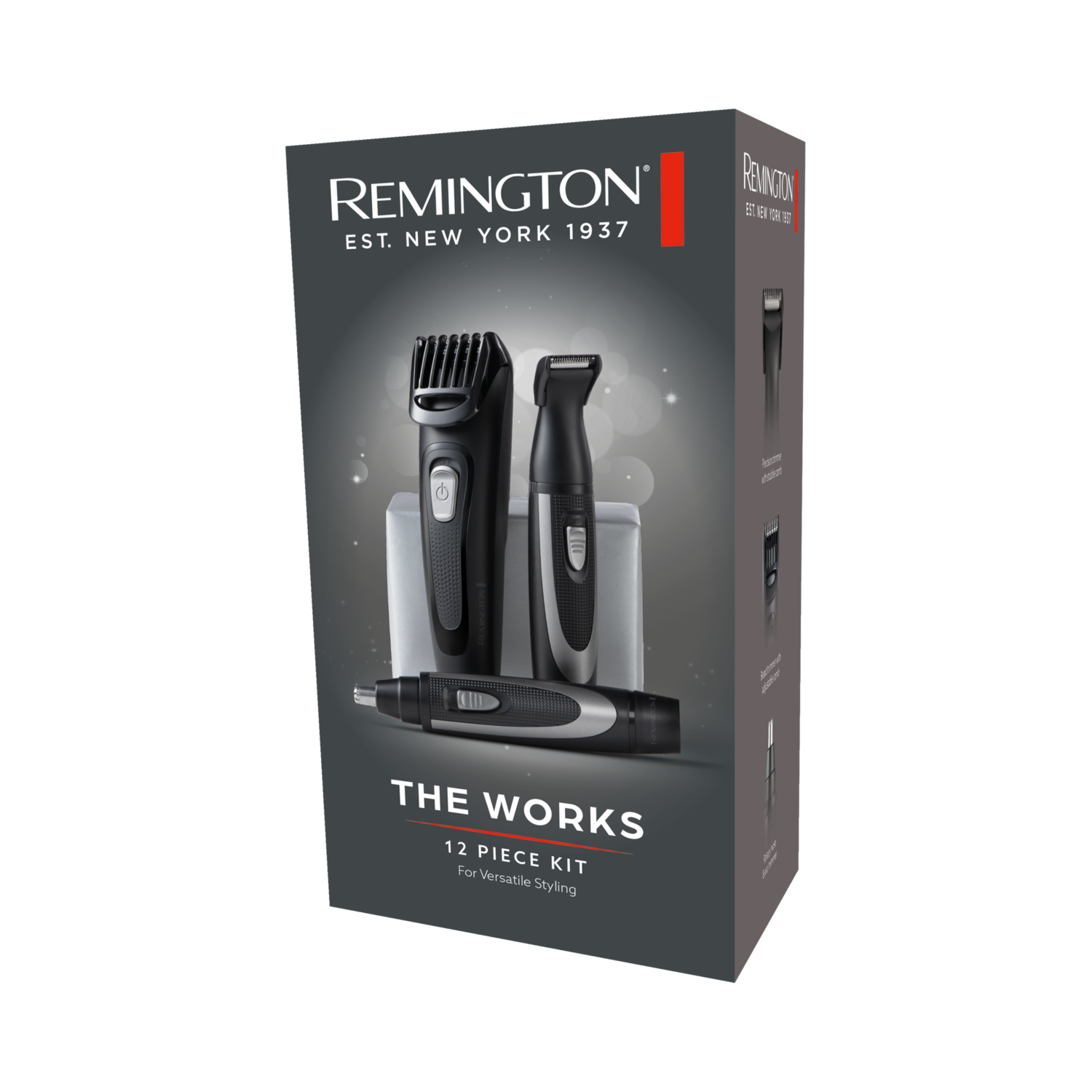 Doos met Remington grooming kit met meerdere items zichtbaar.