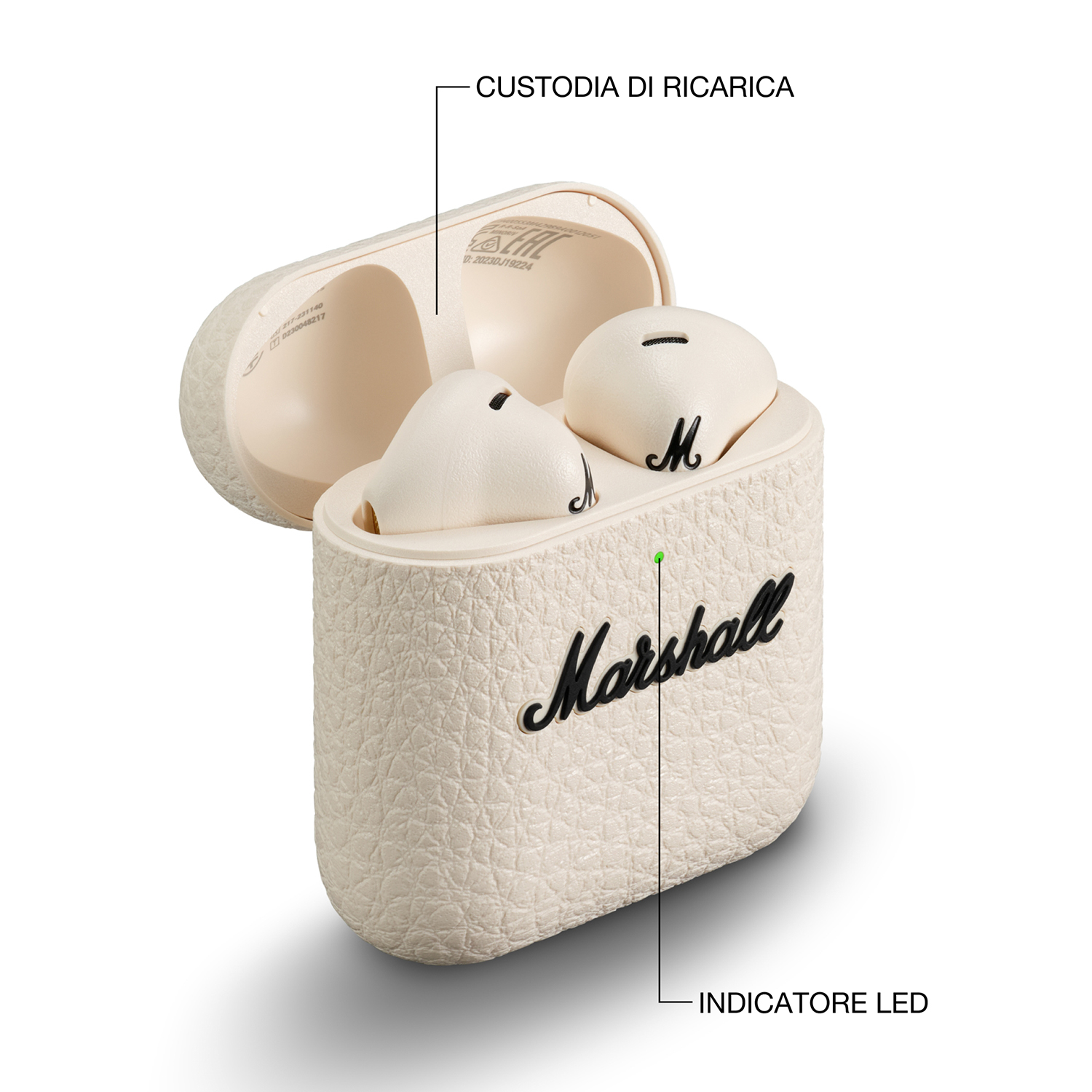 Una custodia Marshall aperta color crema con auricolari e la scritta Marshall.