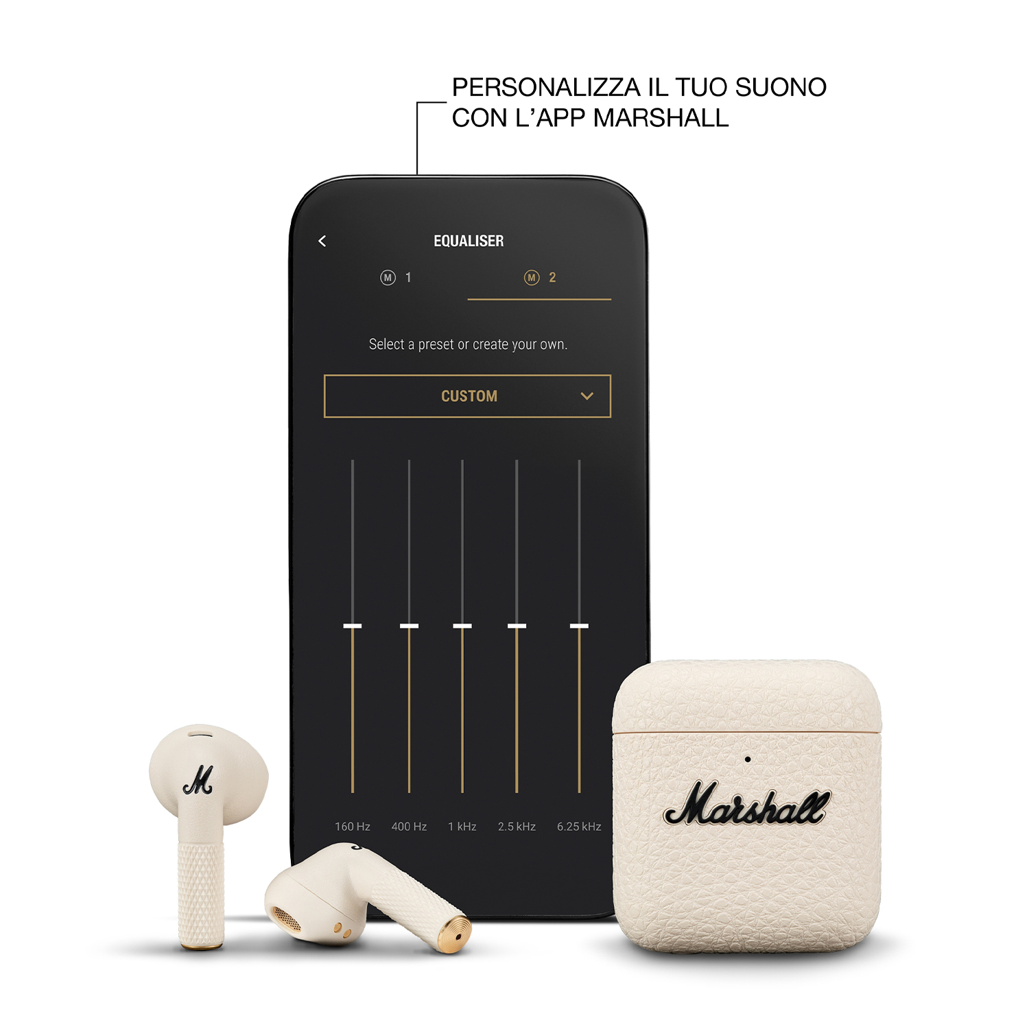 Auricolari, custodia di ricarica e schermo del telefono con impostazioni equalizzatore, Marshall.