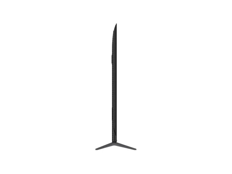 Dünne, schwarze Seitenansicht eines großen Fernsehbildschirms mit minimalistischem Ständer.
