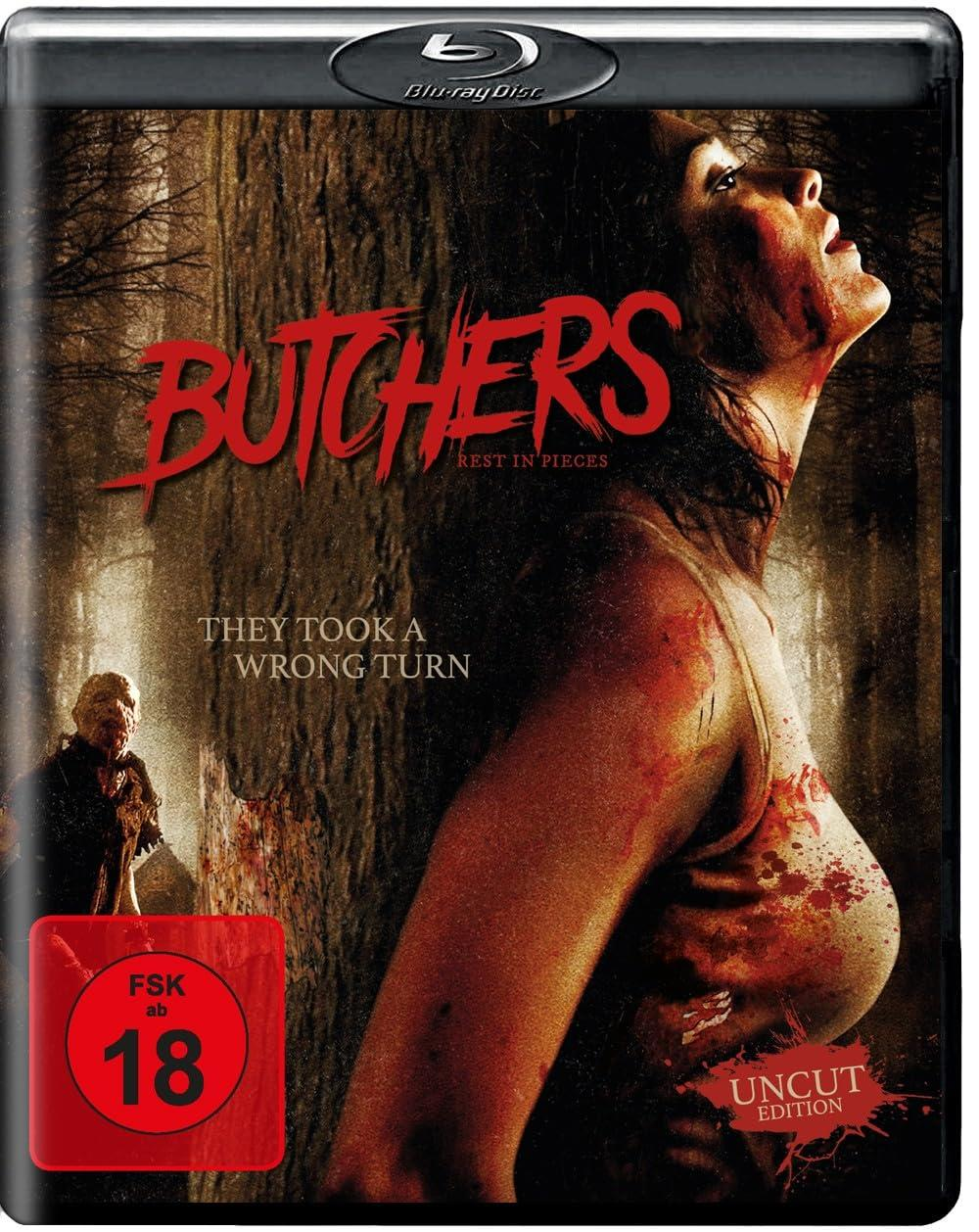 DVD-Cover: Frau mit Blut, Waldszene. Titel: Butchers, They Took a Wrong Turn. Freigegeben ab 18 Jahren.