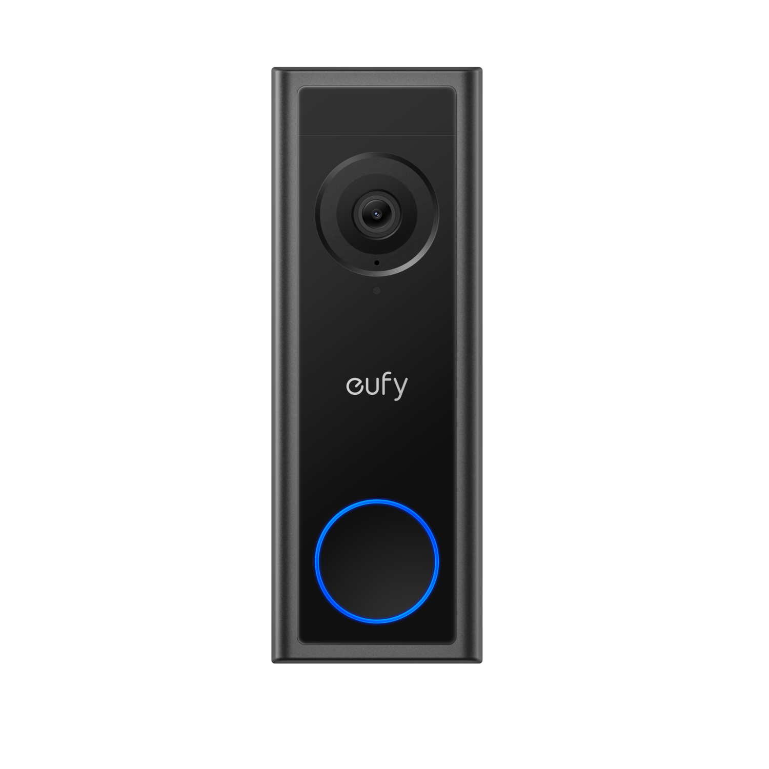 Une sonnette vidéo eufy noire. Elle possède une caméra et un anneau lumineux bleu en bas.