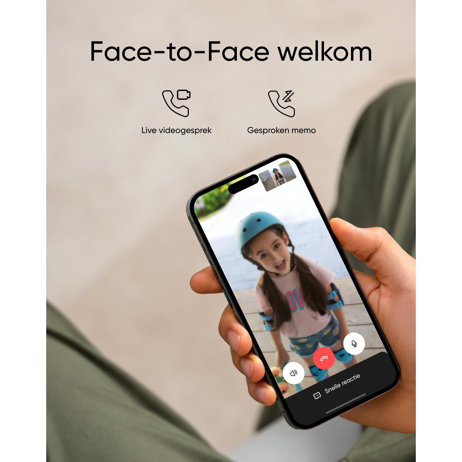 Person holding a smartphone during a video call with a girl wearing a blue helmet.