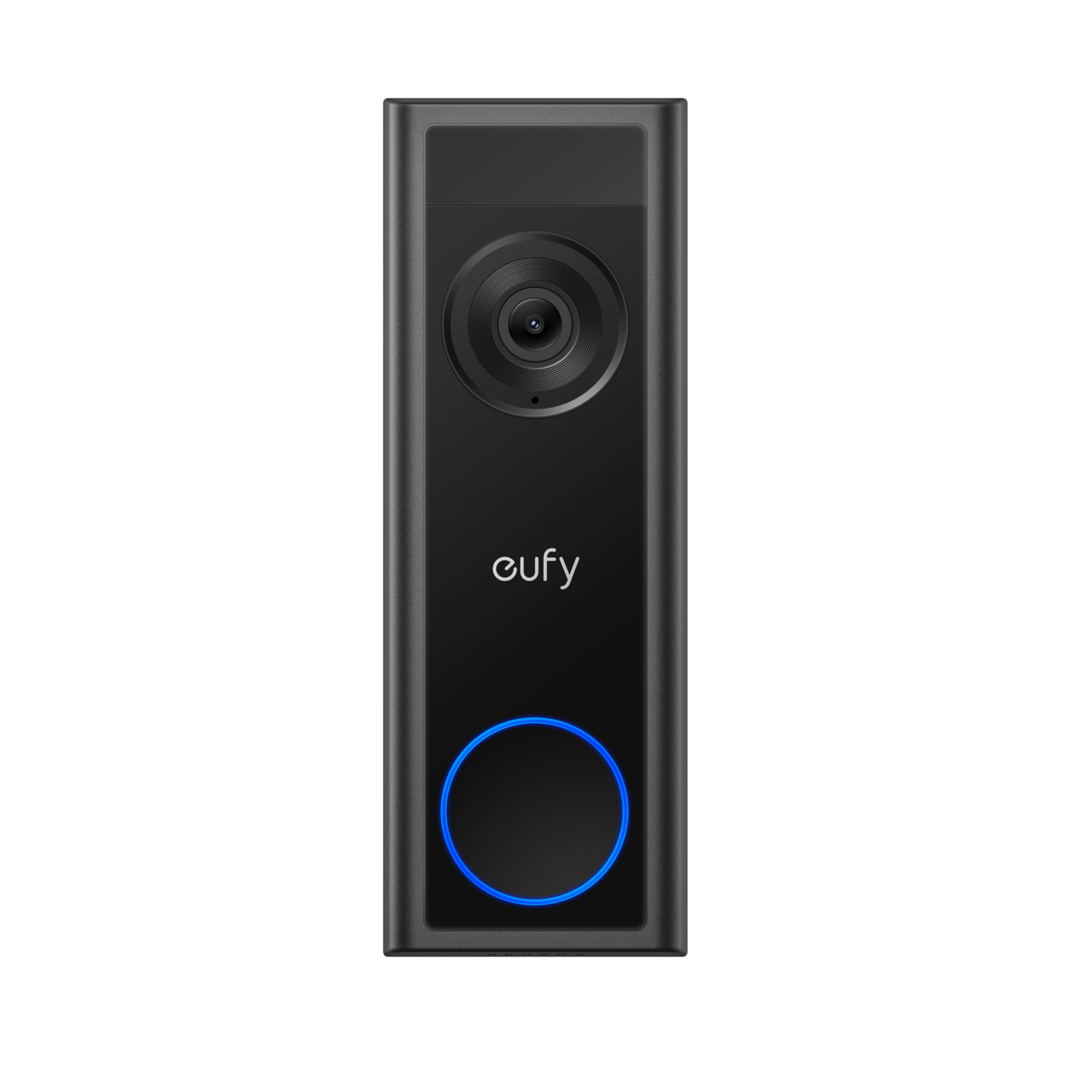 Une sonnette vidéo Eufy noire avec une caméra et un anneau lumineux bleu sur fond noir.