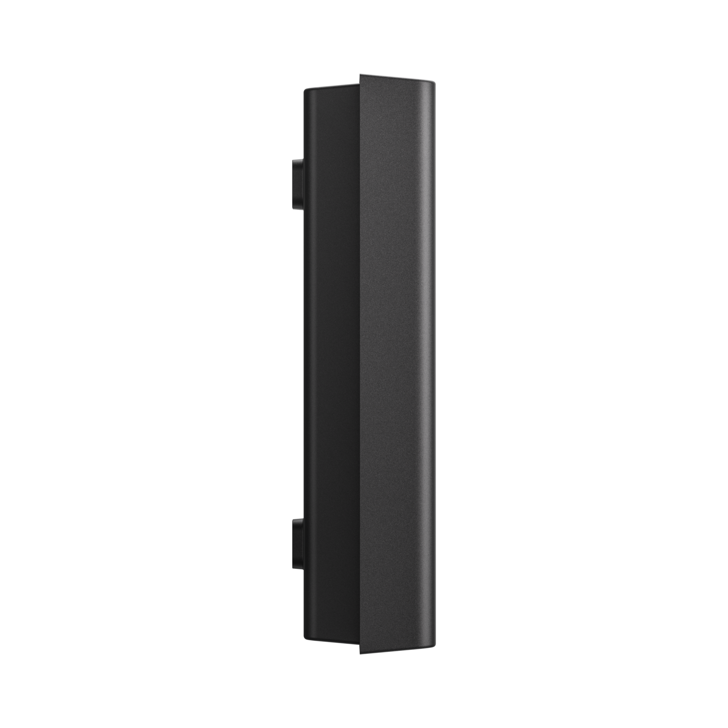 Un appareil rectangulaire noir vu de côté, avec un fond noir.