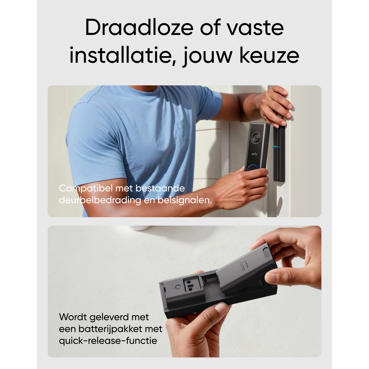 Hands installing a black smart doorbell on a white door frame, with text.