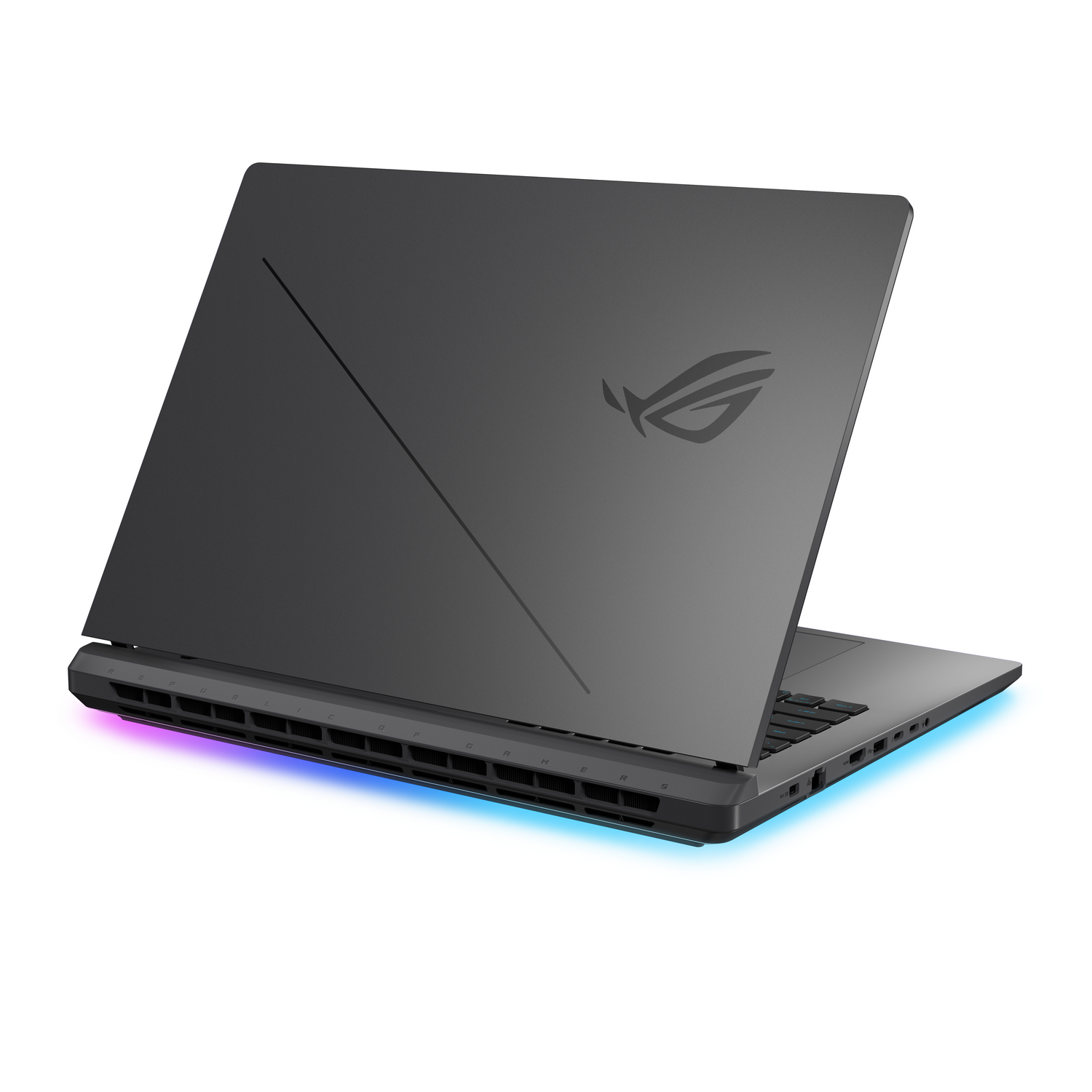 Vista trasera de un portátil negro con un logotipo iluminado, una línea diagonal e iluminación RGB.