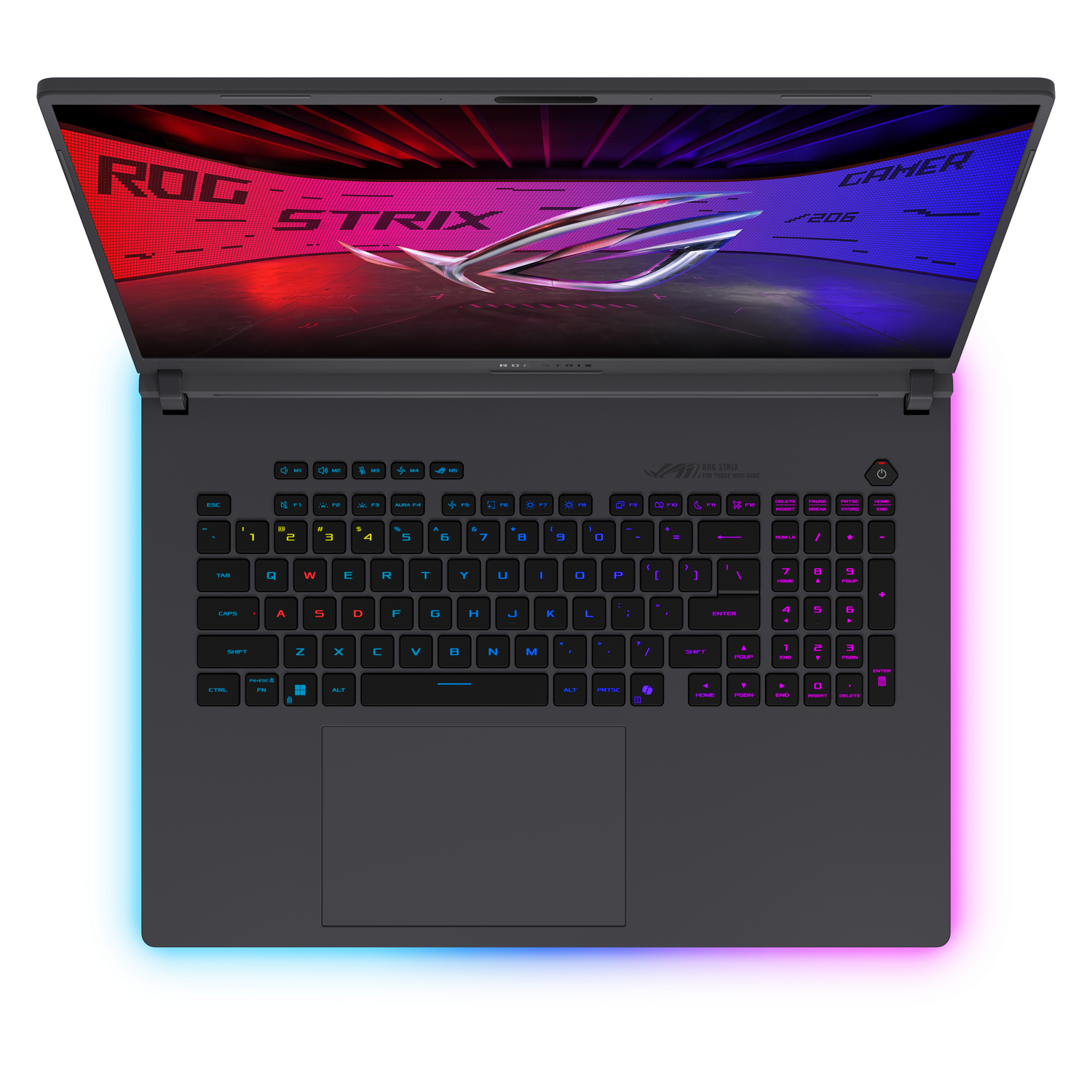 Vista superior de un portátil abierto, teclado iluminado. Logotipo ROG Strix visible.