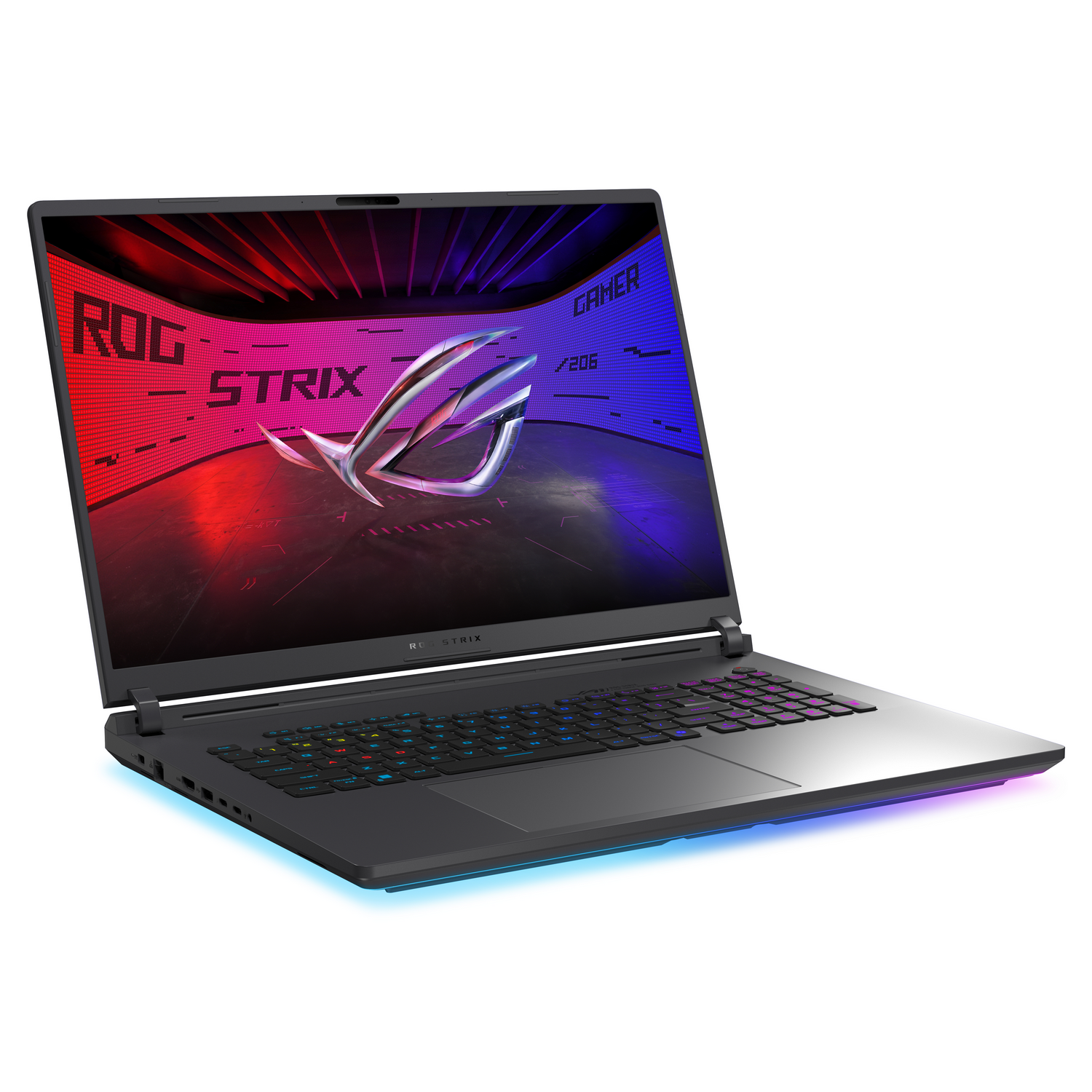 Una computadora portátil para juegos está abierta, mostrando una pantalla colorida.