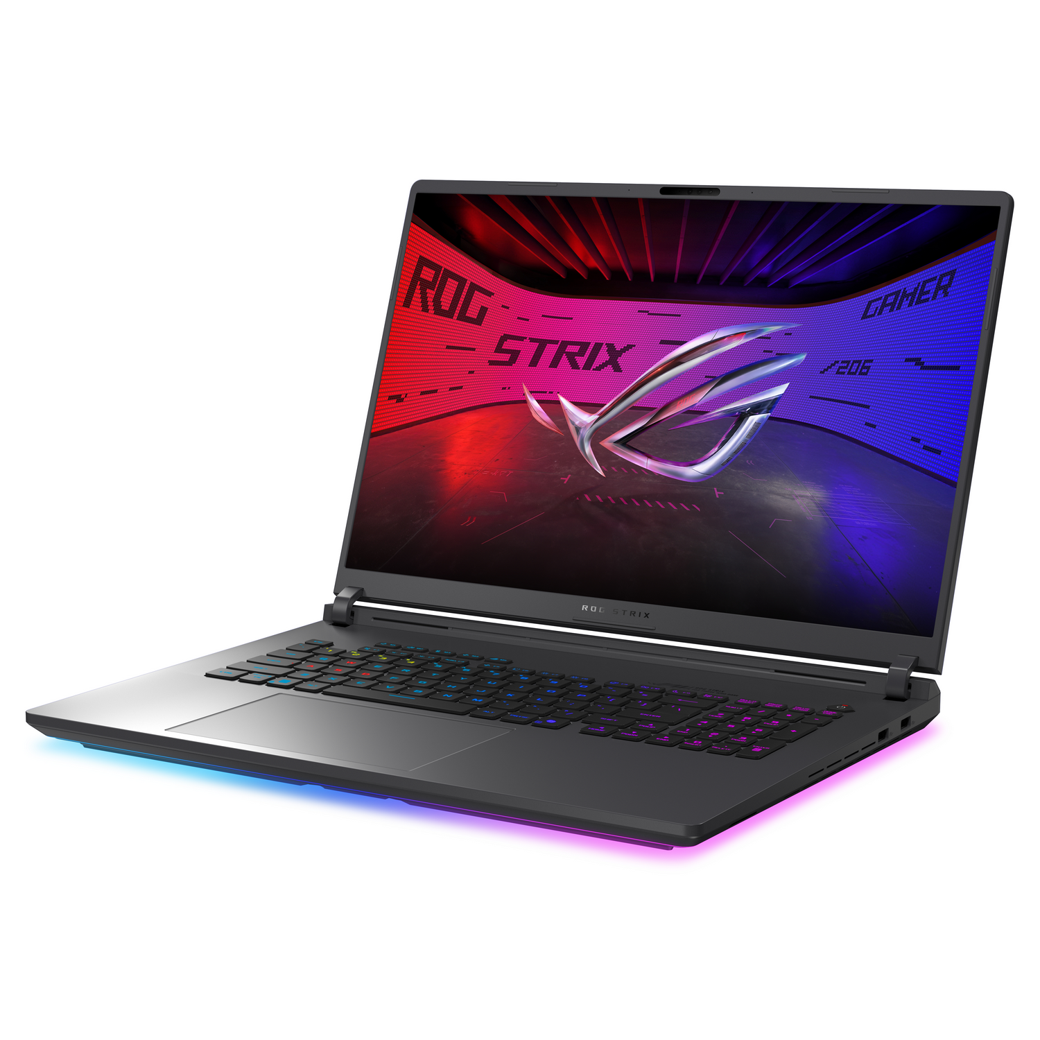 Un portátil negro con teclado colorido, pantalla roja y azul, y logotipo ROG STRIX.