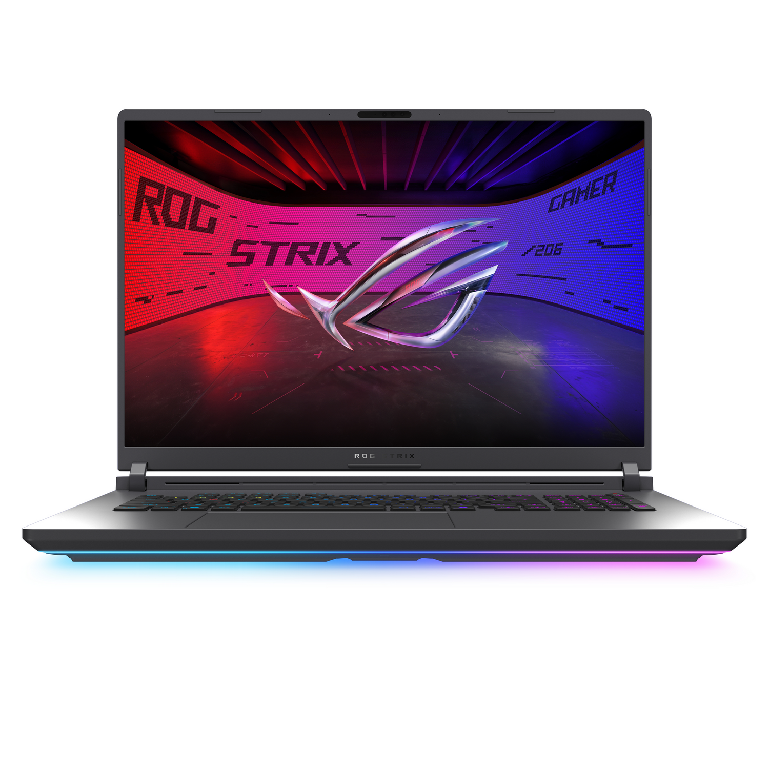Una laptop con pantalla colorida, colocada sobre una superficie, fondo negro.