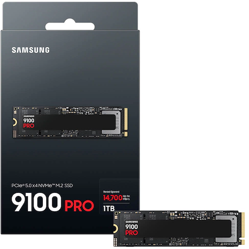 Fekete SSD doboz SSD-vel. A címke '9100 PRO' és '1TB' feliratot tartalmaz.