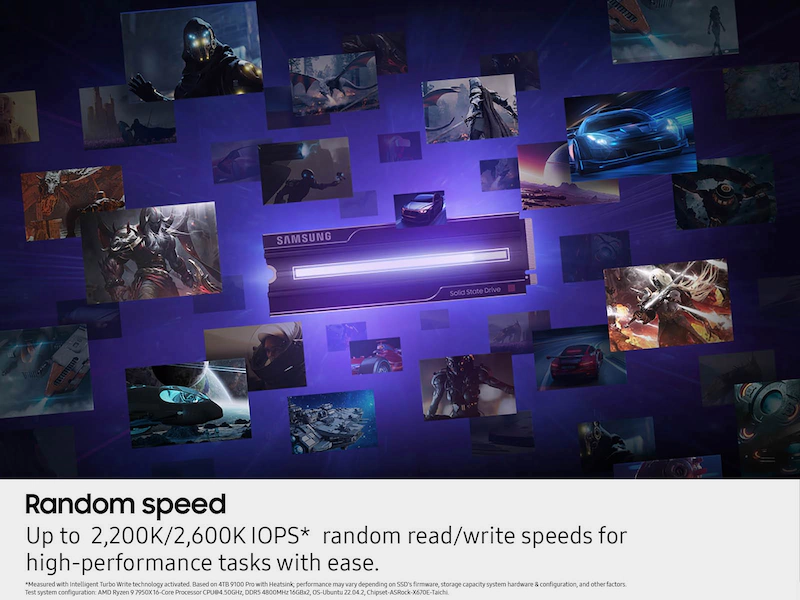 Samsung SSD játék képekkel és szöveggel, olvasási/írási sebességet mutatva.