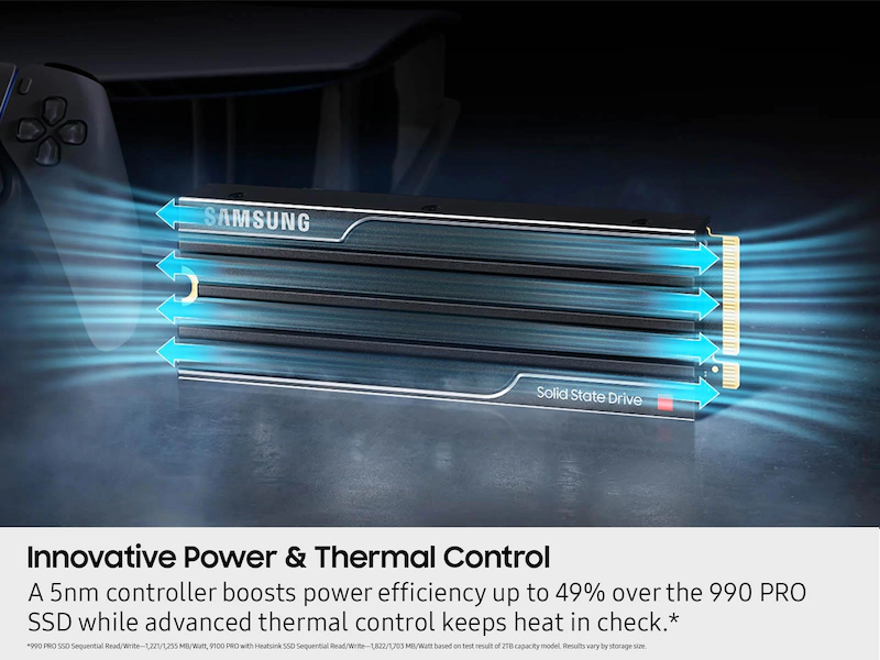 SAMSUNG Solid State Drive nyilakkal, amelyek a légáramlást jelzik, egy játékvezérlővel.