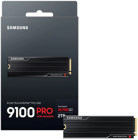 Samsung 9100 PRO NVMe SSD hűtőbordával. Fekete doboz és SSD. Specifikációk: PCIe 5.0, olvasási sebesség 14 700 MB/s, 2 TB.
