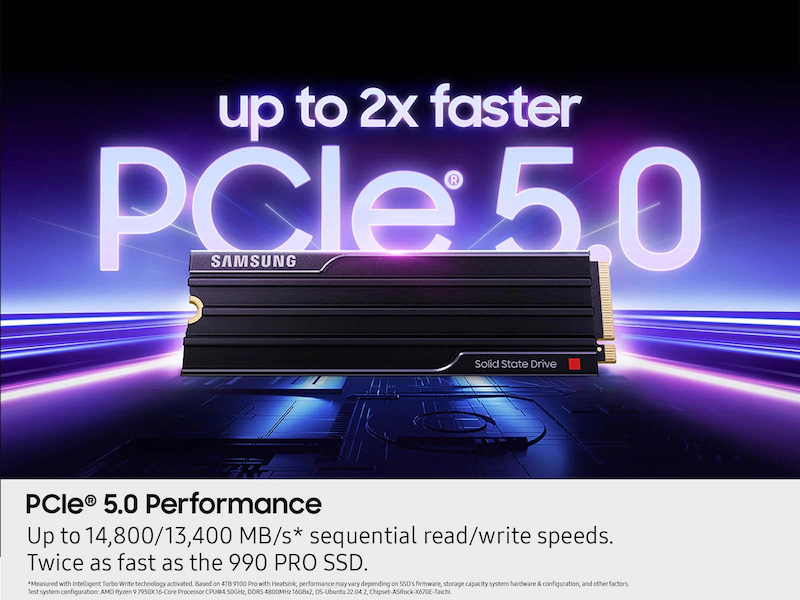 SSD meghajtó szöveggel: akár 2x gyorsabb PCIe 5.0. Fekete, fehér szöveggel egy átmenetes háttéren.