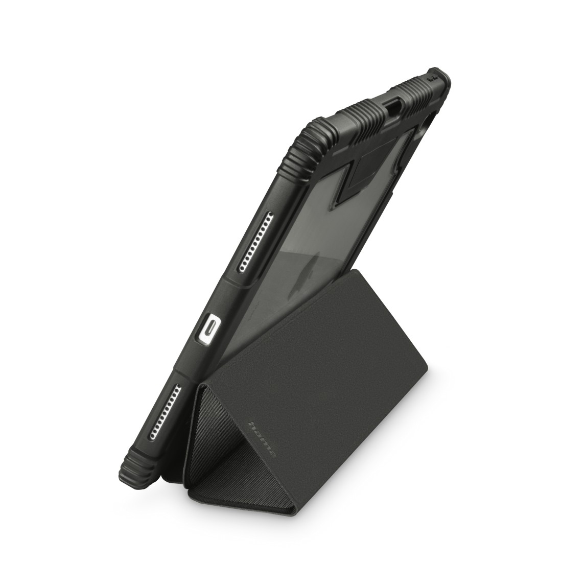 Ein schwarzes Tablet mit Hülle und Ständer.
