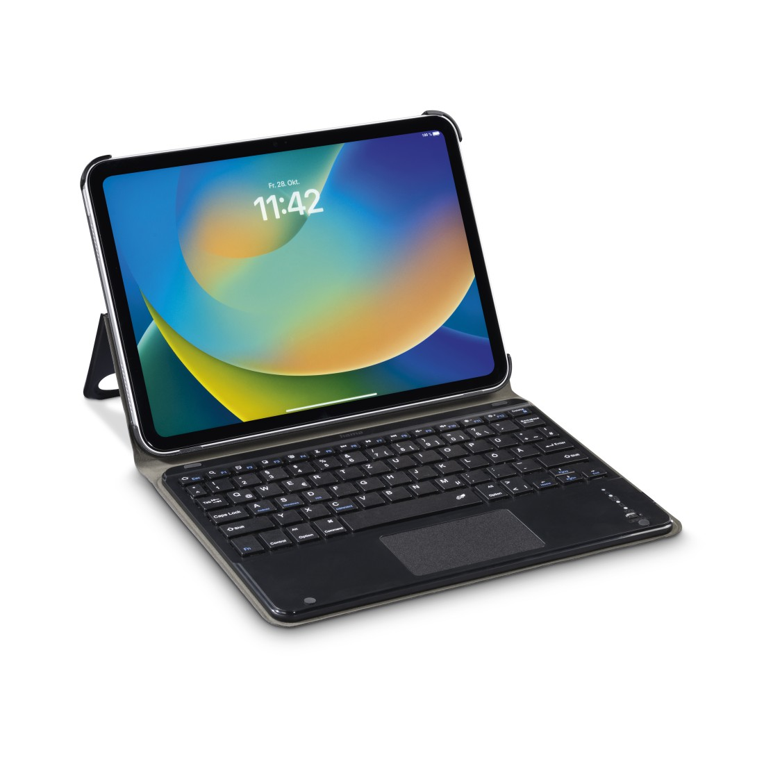 Ein geöffnetes Tablet mit Tastatur und Touchpad. Es liegt auf einer weißen Oberfläche.