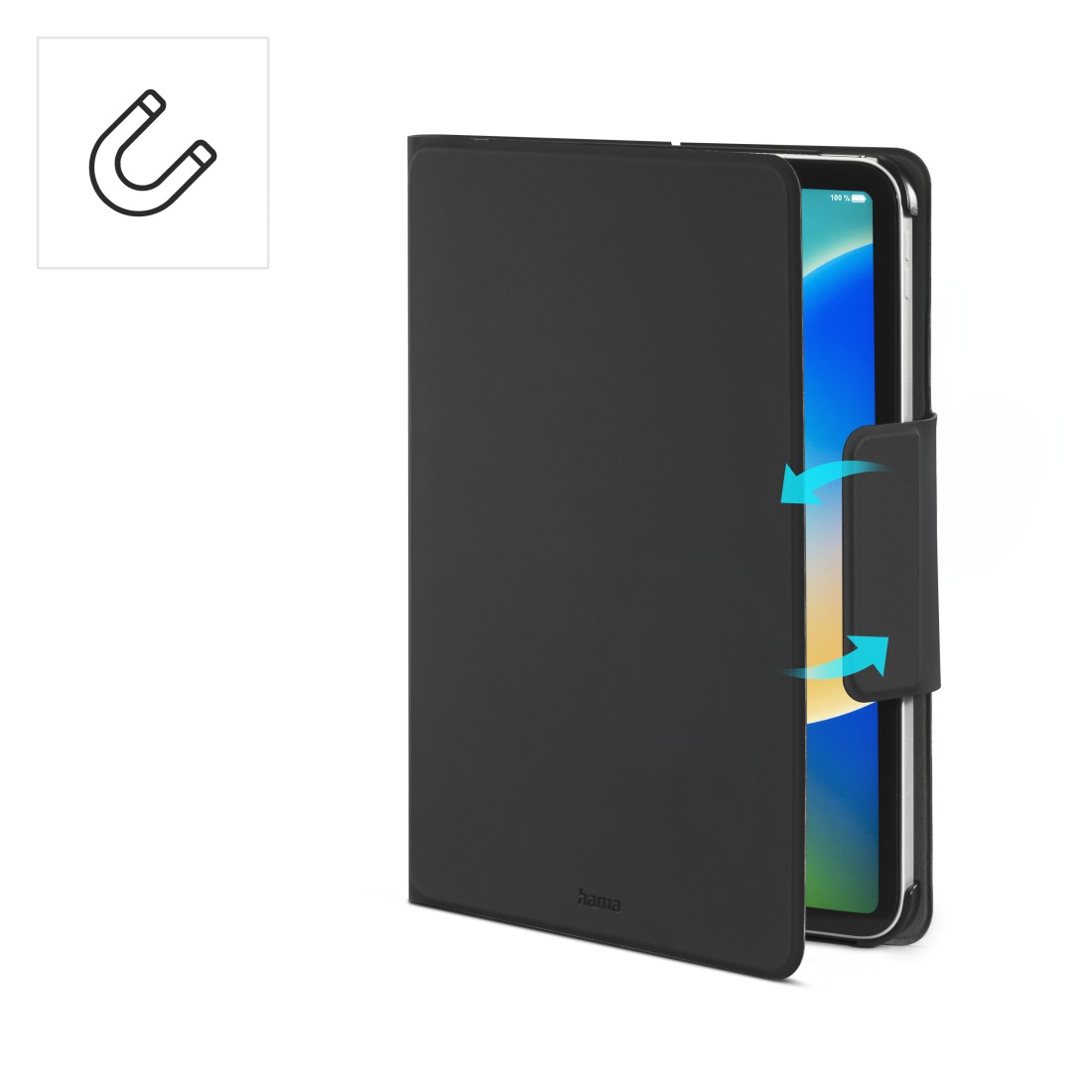 Ein schwarzes Tablet-Case ist geöffnet und zeigt ein Tablet mit blauem Bildschirm.