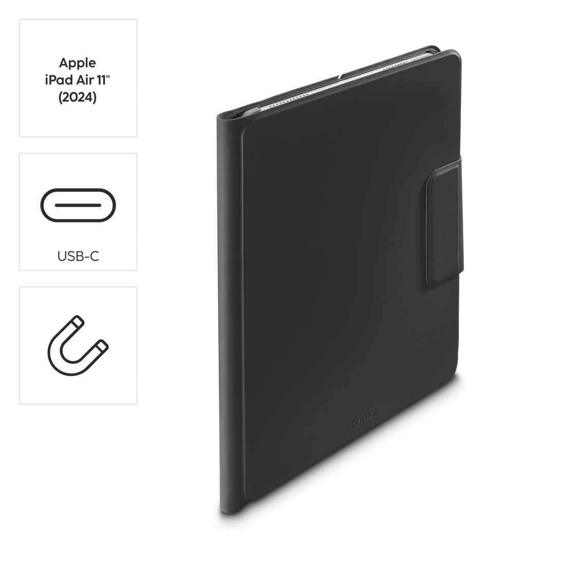 Schwarzes iPad Air 11" (2024) Case. USB-C- und Magnet-Icons. Weiß.