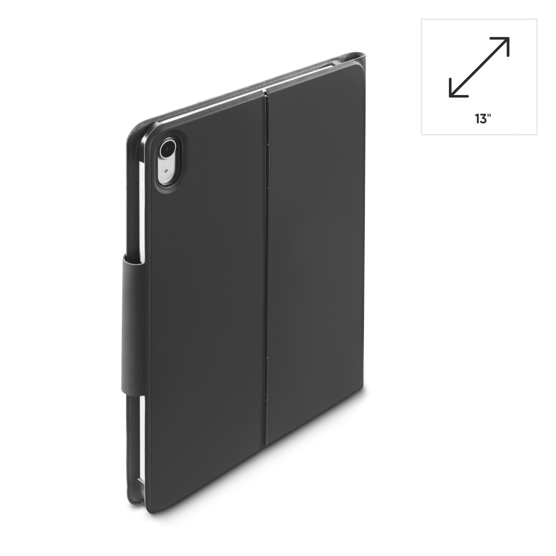 Eine schwarze iPad-Hülle, geschlossen. Die Hülle hat einen 13" Größenanzeiger in der Ecke.