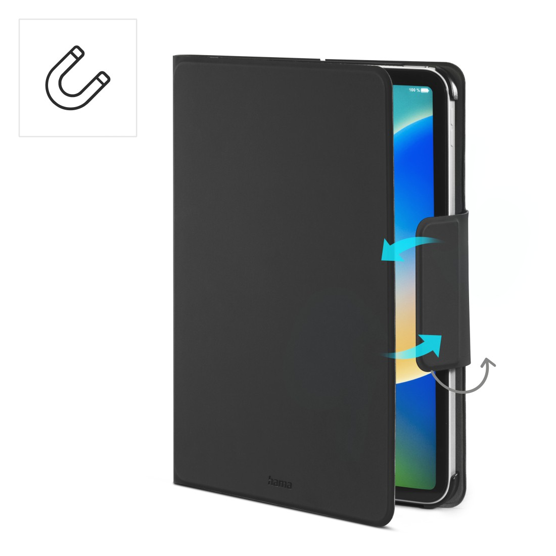 Schwarze Tablethülle, teilweise geöffnet, zeigt den Tablet-Bildschirm.