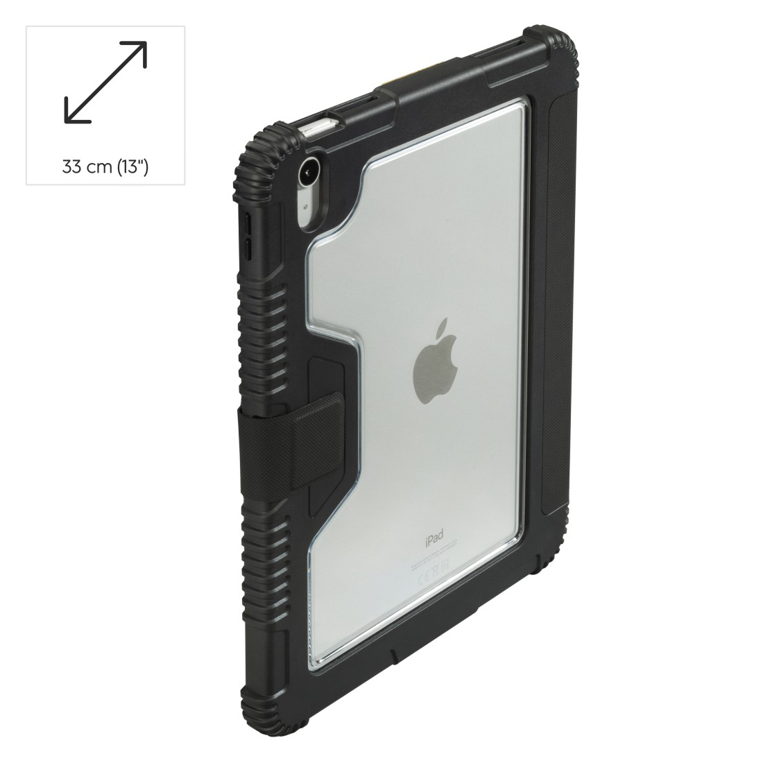 Ein iPad in einer schwarzen Schutzhülle. Die Hülle hat eine klare Rückseite und einen schwarzen Riemen. Zeigt den Bildschirm.