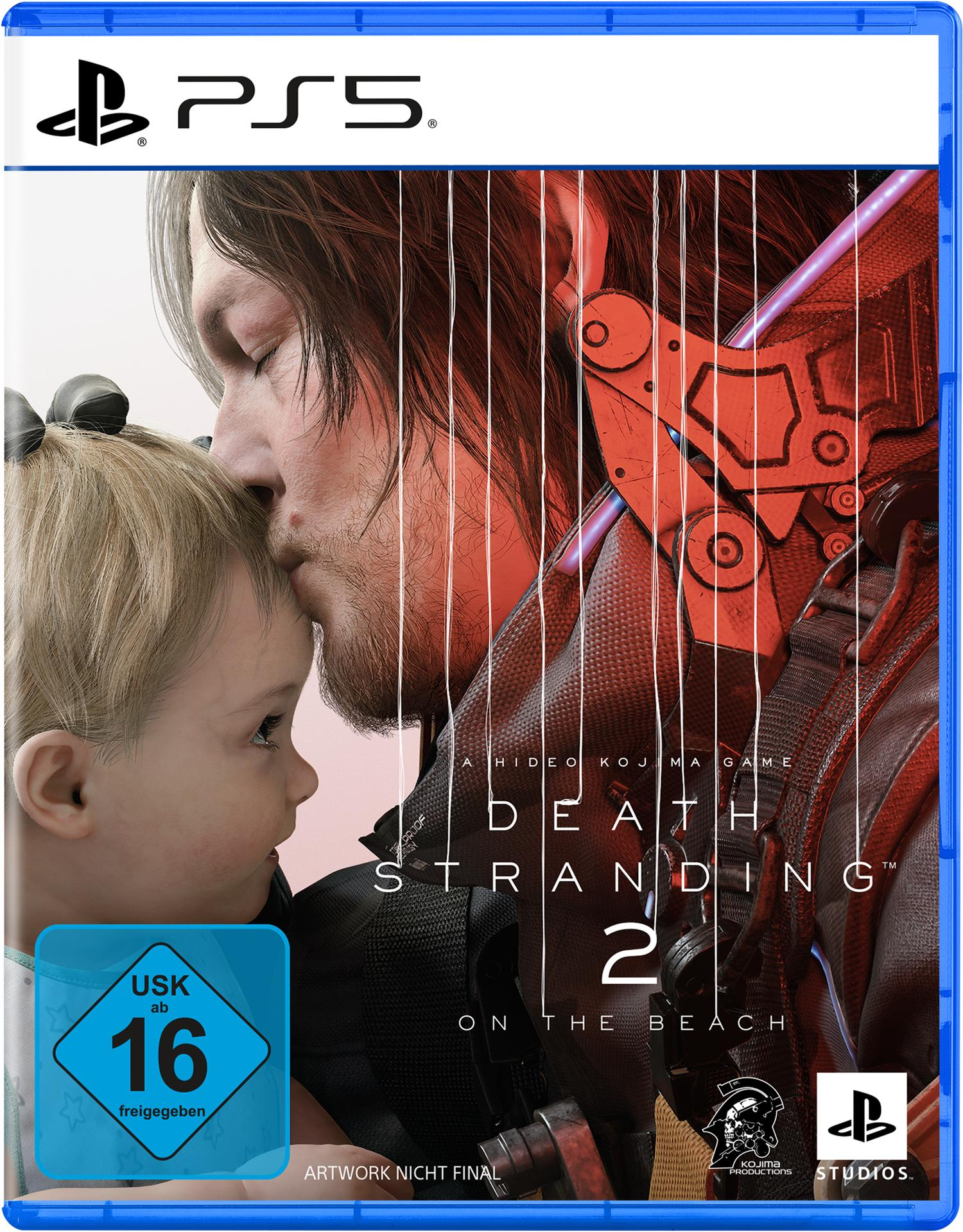 Spielbox für Death Stranding 2. Ein Mann küsst ein Baby auf den Kopf. USK 16 Label sichtbar.